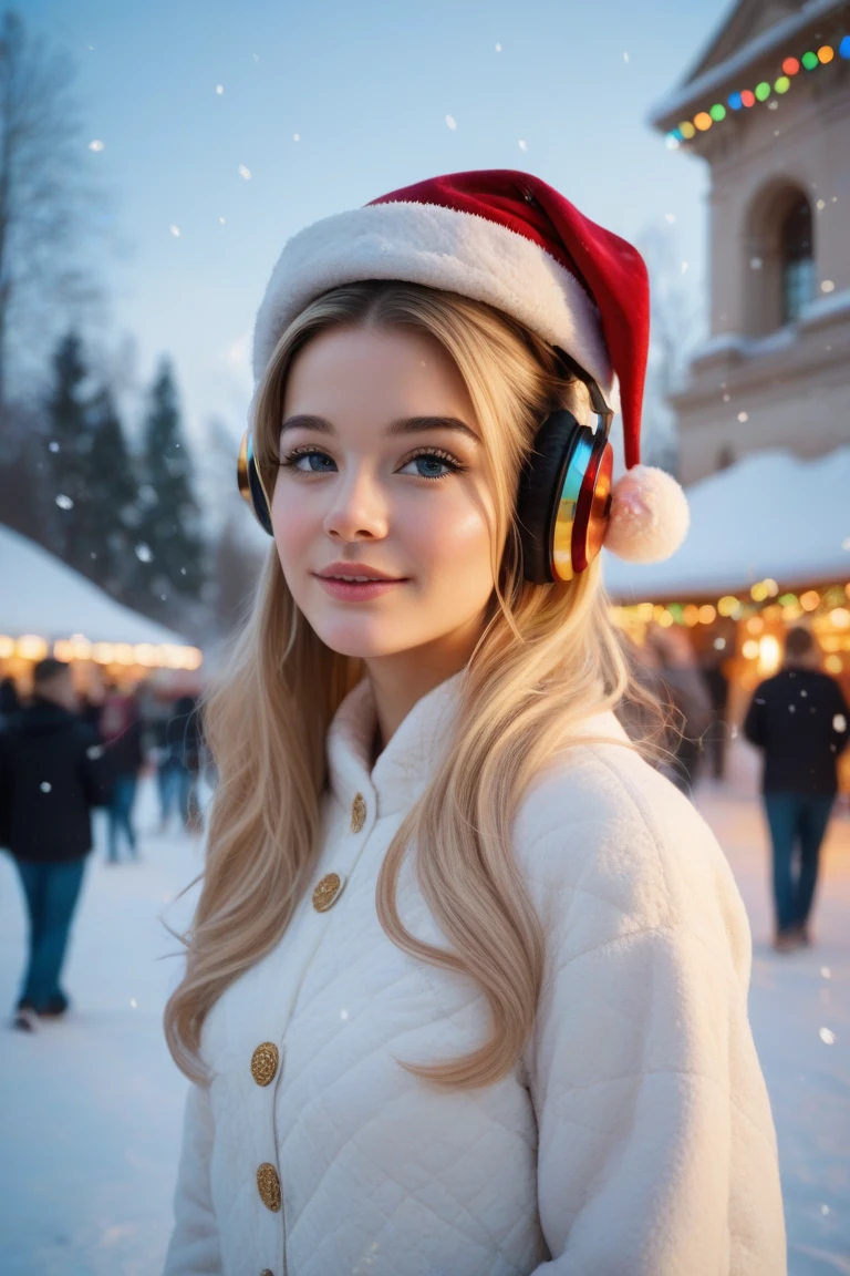  Young female DJ in statue style , new,   background with long blond hair ,  wearing a hat with a pompom  , 's console with gold headphones , ,   plays DJ  .   A blurry background of Christmas lights and falling snow, , focusing on a DJ  . soft, Diffused light.   photorealistic image  ,  festive atmosphere,   the winter landscape in the background  .