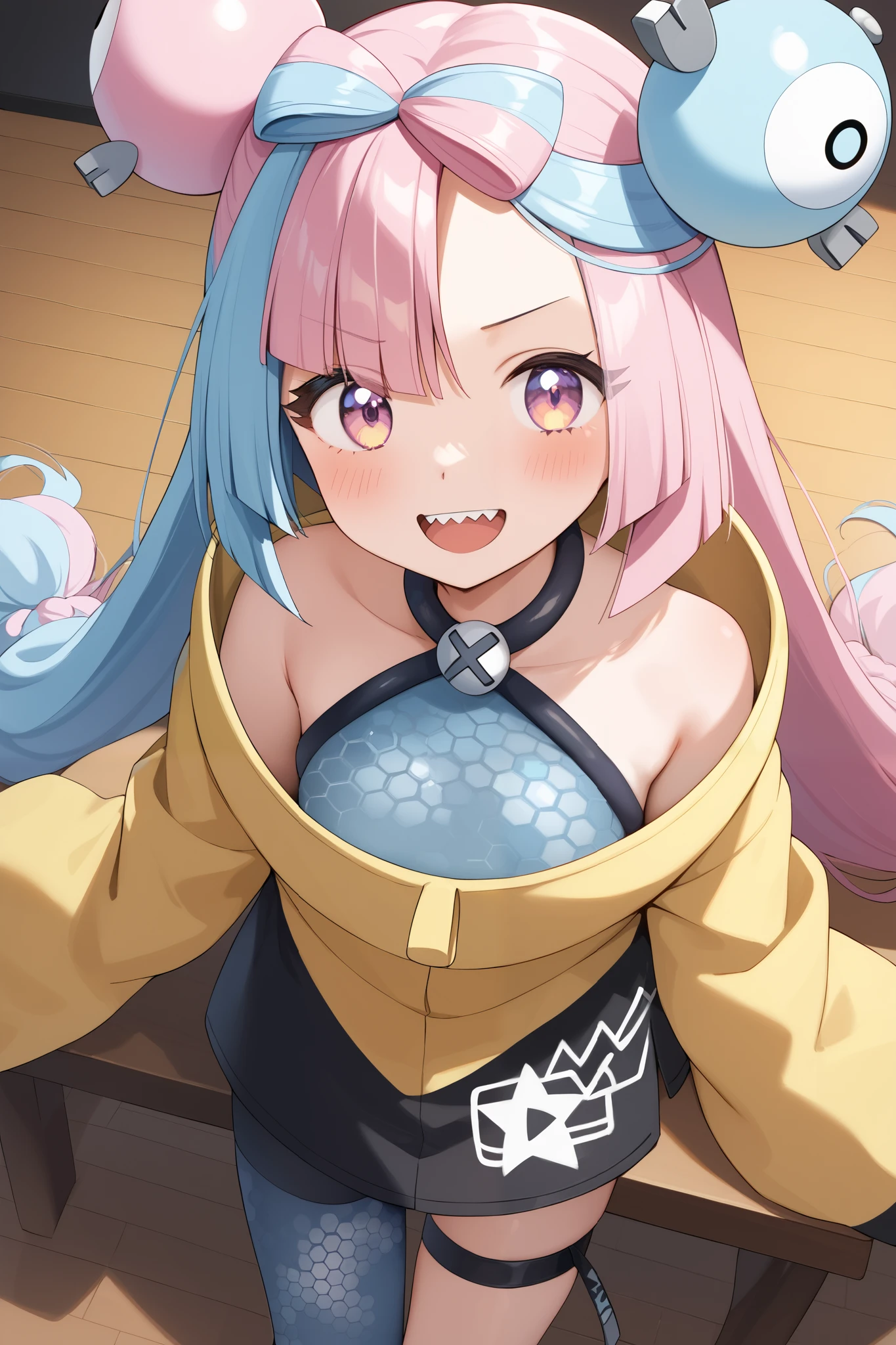 NSFW,masterpiece, top quality , high res, very detailed,Pokemon Iono、 blue hair、Bow-shaped hair、キャラクターの hair ornament、 hair ornament、 long hair、低く結んだ long hair、Multicolored Hair、 pink hair、 keen teeth、 split color hair、 twin tails、 two-tone hair 、 pink eyes, asymmetric legwear、Bell、Ribbon-shaped hair 、 character hair ornament、 hexagonal print 、 oversized clothing 、 pantyhose、シングルレッグ pantyhose、 split color hair、 jacket、イエロー jacket,grassland, wooden table