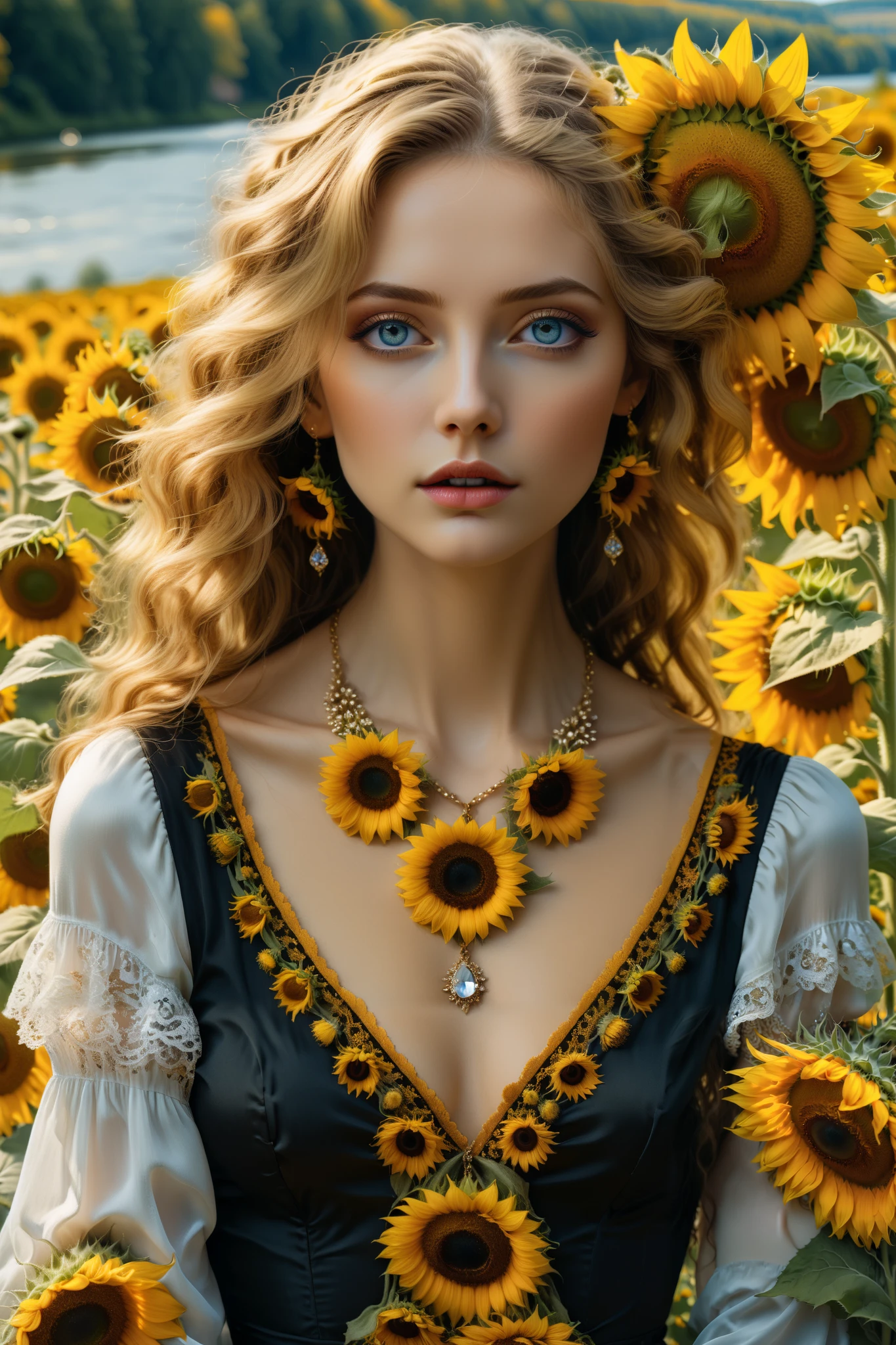 (  Absurdly , High quality , ultra detailed ) ,( hand detailed ) , 1girl, solo, mature, very long hair, sunflower hair , beautiful crystal eyes ( eye detailed ) Baroque, Necklace, long dress, long sleeve, elegant, colorful, highest detailed, upper body , with the river and sunflowers