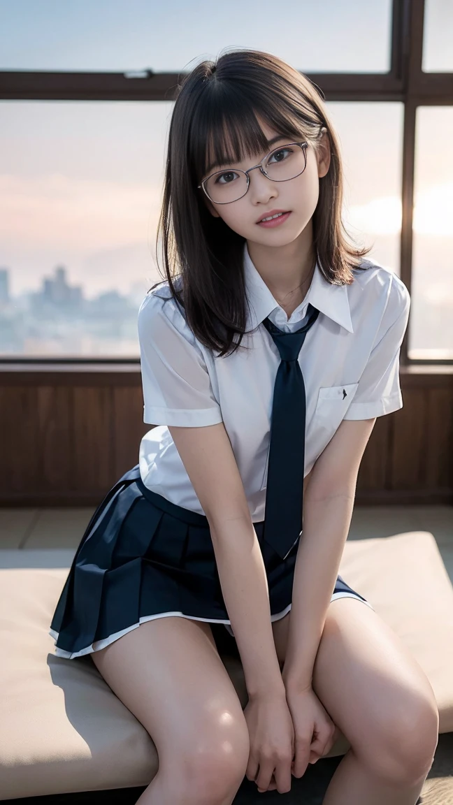 (NSFW:0.99)、(Japanの女の子, 18 year old girl,girl in uniform,beautiful girl,transparency), (Skirt up), looking at camera, angle from below, short skirt, physical education sitting, fold legs,open legs,provocative smile, seductive smile,Japan , beautiful skin, ((top quality, 16K)), 1 girl, light shines on your face, highly detailed face, highly detailed lips, fine eyes、real looking skin、no pants、shaved pussy, Japanese style room, tatami, ((detailed pussy, pussy juice, love juice,cream pie)),(((cum in pussy))), (sweat, , slender, big breasts, vagina hole, skirt lift by hands), white shirt、pleated skirt,wet skin, long hair,wet,((luster, Damp shirt, Creampie, small butt, small butt, Clothes, tuck in, Glasses, skinny)), Quiet girl