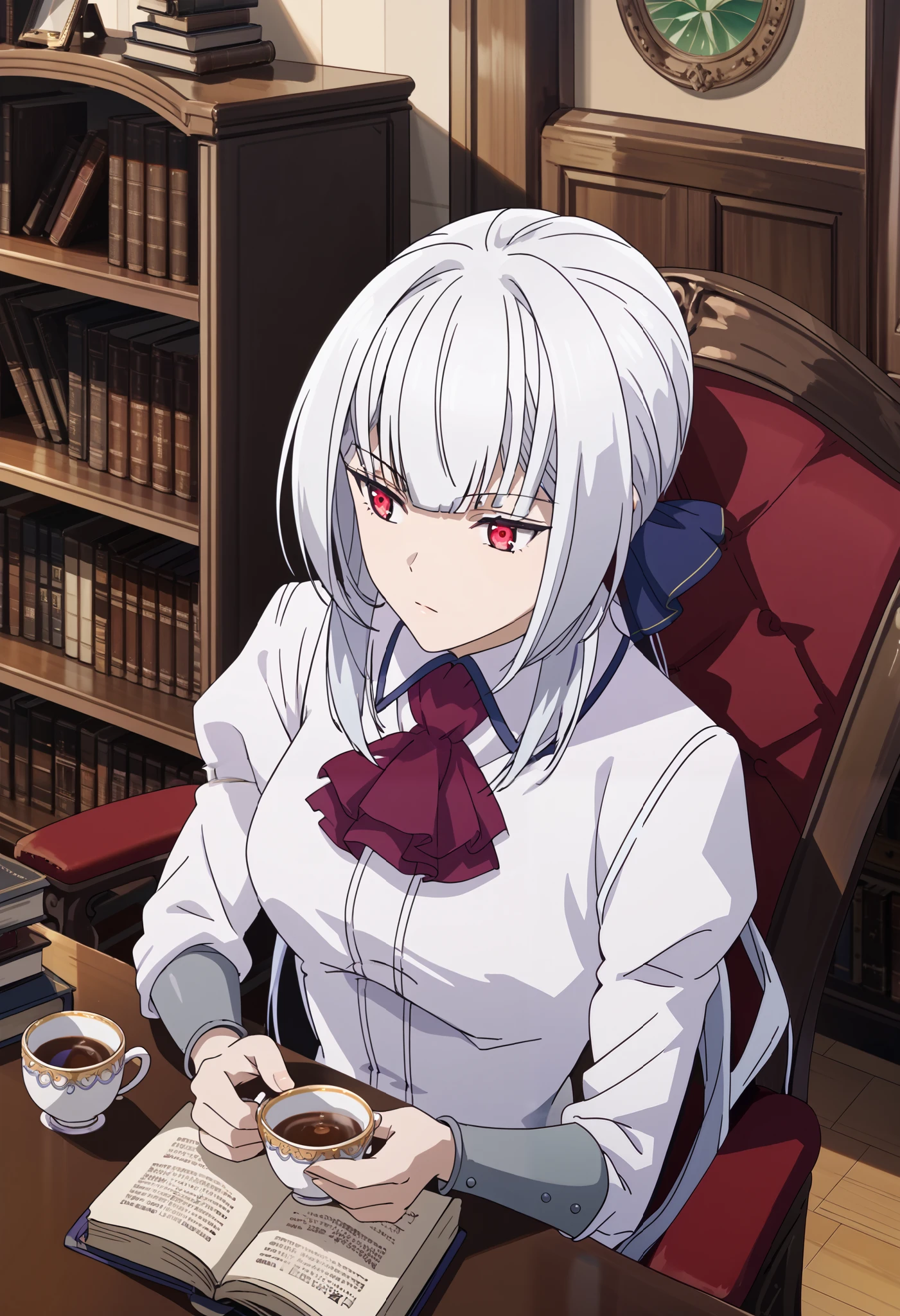 score_7_up, source_anime, christina, white hair, long hair, red eyes, 1girl, bookshelf, cup, solo, teacup, holding cup, ascot, library, holding, book, chair, sitting
