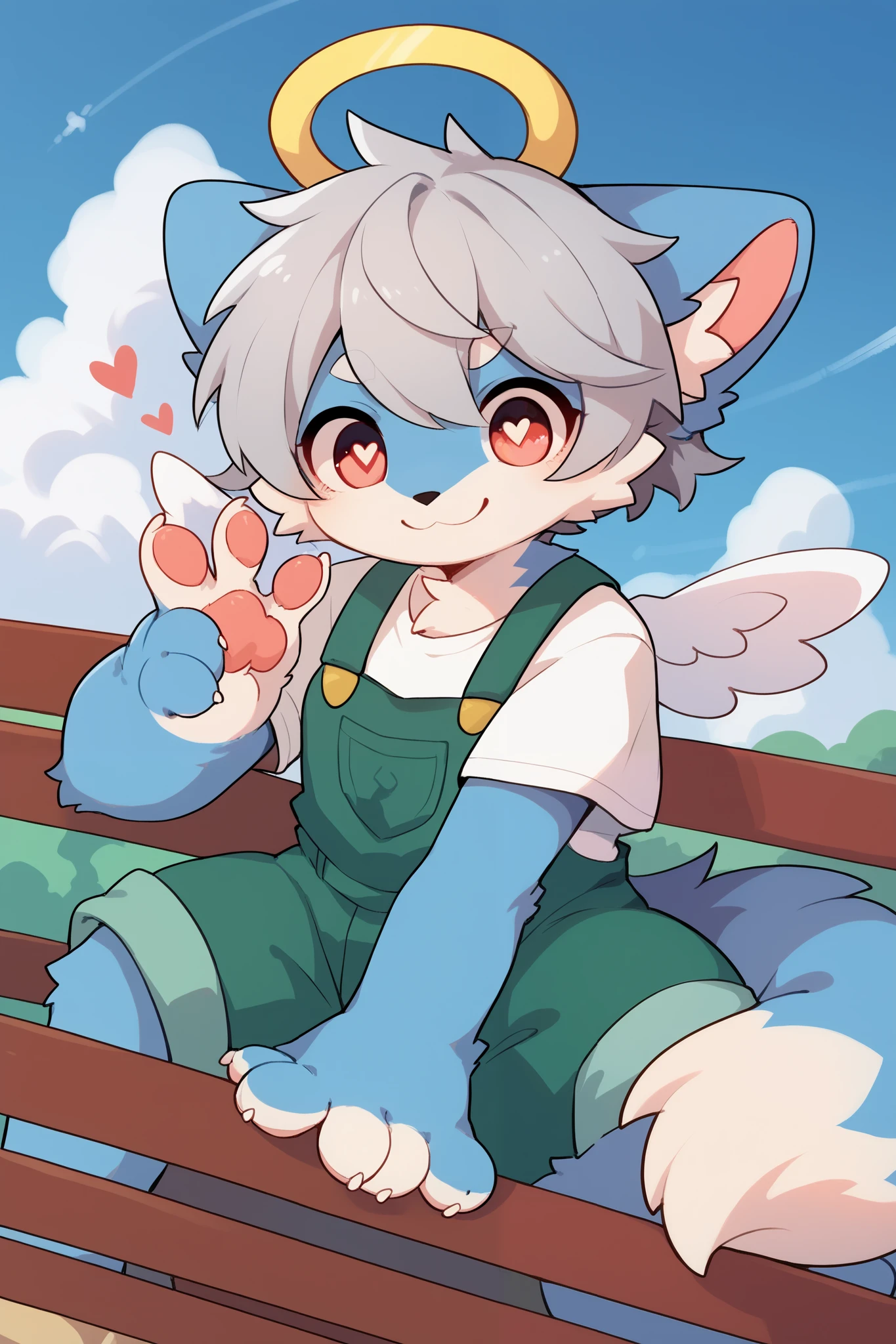     very detailedな,  very detailed,Blue fur,  gray hair,female,骨を見て  excited,Heart Eye,participate,  cute face,  sitting！,,  fluffy fur   ,   excited, Lustful Girl, angel,Beautiful sky,smile,  green overalls   ,   white t-shirt   ,Alone,Dropped ears,My mental age   ,want