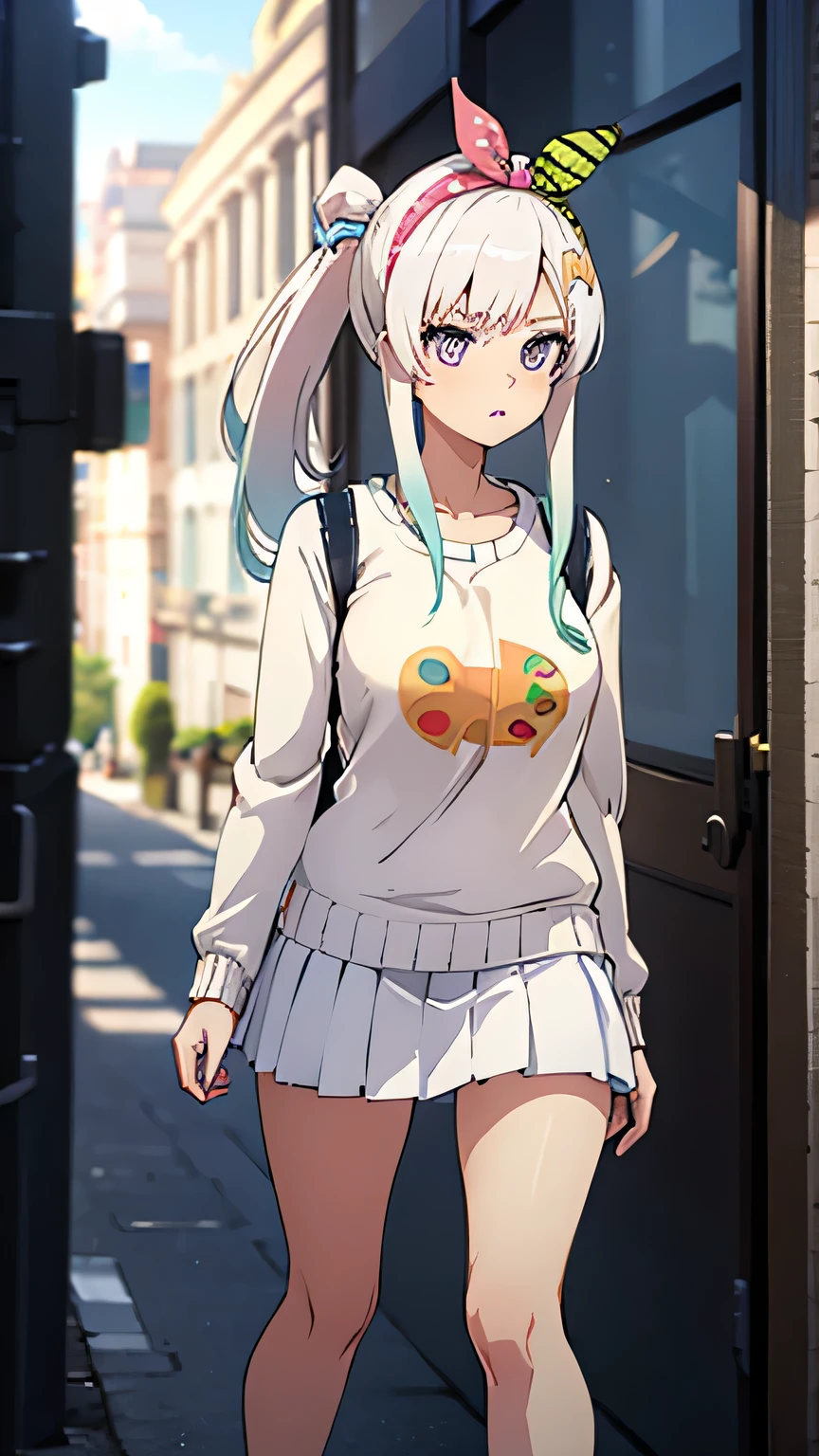 A beautiful girl wearing a headband, white hair in a ponytail, wearing a short skirt. Wearing a short sweater