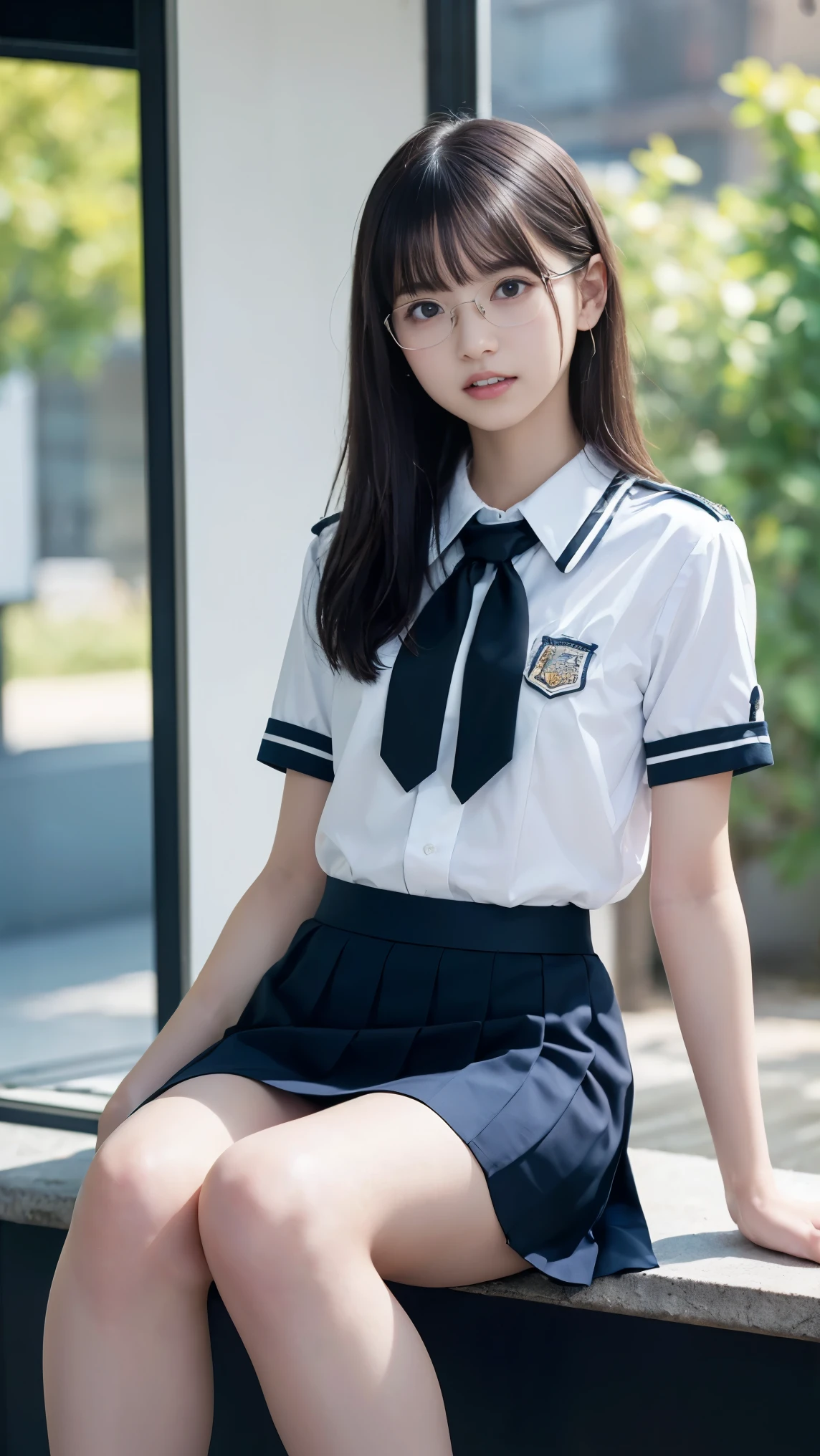 (masterpiece, highest quality:1.2), 8k, 15Year, 85mm, official art, RAW photo, スーパースリムなスレンダーbeautiful girl, Year, 85mm, official art, RAW photo, 超絶スリムな美しいスレンダーbeautiful girl, navy blue short skirt、short sleeveの白い制服シャツ、show me your ears、naked girl photoshoot、full nude, , cute face, close, Half body, Biolace, gardenia, beautiful girl, school uniform, (navy pleated skirt:1.1), tighten your waist, thighs, short sleeve, in the train, sit on a bench seat, looking at the viewer, no makeup, (smile:0.4), film grain, chromatic aberration, sharp focus, face light, clear lighting, Ten generations, detailed face, background bokeh, (dark red tie:1.1)、