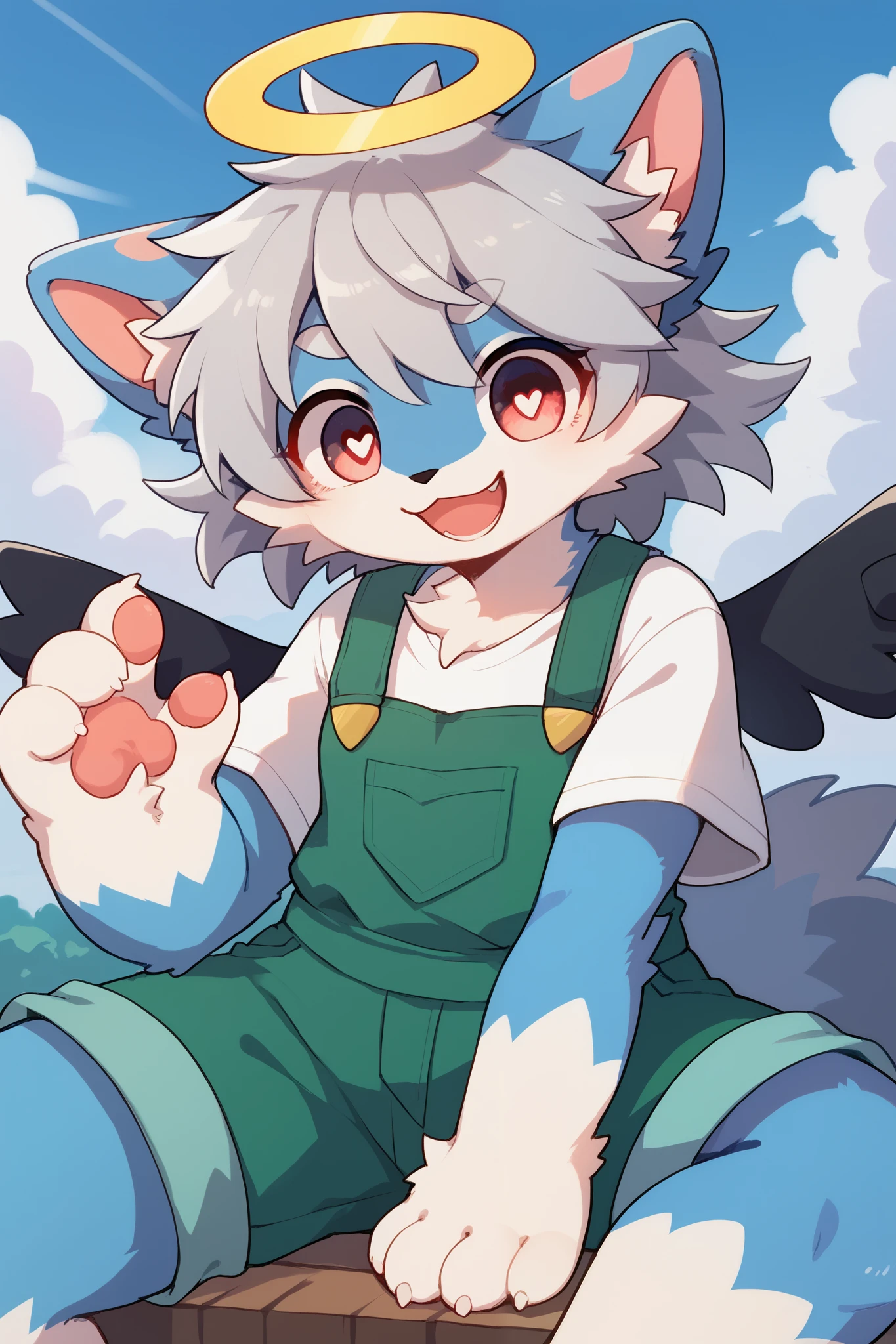     very detailedな,  very detailed,Blue fur,  gray hair,female,骨を見て  excited,Heart Eye,participate,  cute face,  sitting！,,  fluffy fur   ,   excited, Lustful Girl, angel,Beautiful sky,smile,  green overalls   ,   white t-shirt   ,Alone,Dropped ears,My mental age   ,want