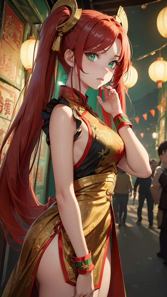 (masterpiece), (Highest quality), (Very detailed), Intricate details, 1 girl, alone, Red eyes, Red Hair, short hair, Hair Bun, Medium breath, Red fingerless gloves, Purple Chinese Dress , short boots,(Outdoor), photo shoot, smile, blush, sunny, Browsing Caution, Chinese boxing, Blurred Background, Street background, information, Chubby, Big breasts
