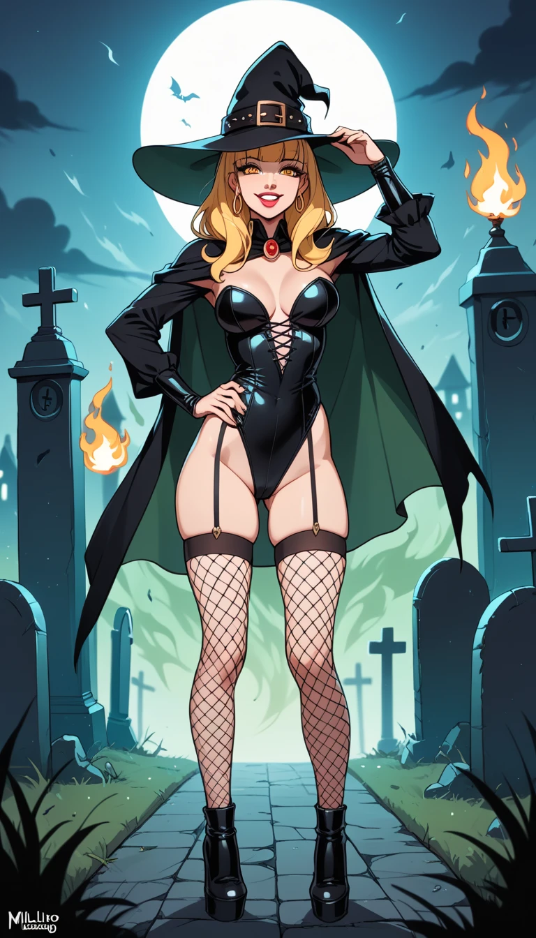 1 woman , Alone, extreme detail,   masterpiece  ,   best quality , beautiful,   high resolution image  ,  review_explicit,  malevolent smile  ,  Expression half-open lips  , yellow eye,  straight blond hair with straight bangs  ,     white skin   , sexy witch costume  , fishnet stockings,   thick legs  , black hat,  standing in a graveyard invoking a spell , arms raised:1.0,  open legs :1.2, A green flame between your hands,  black magic, mist, dark