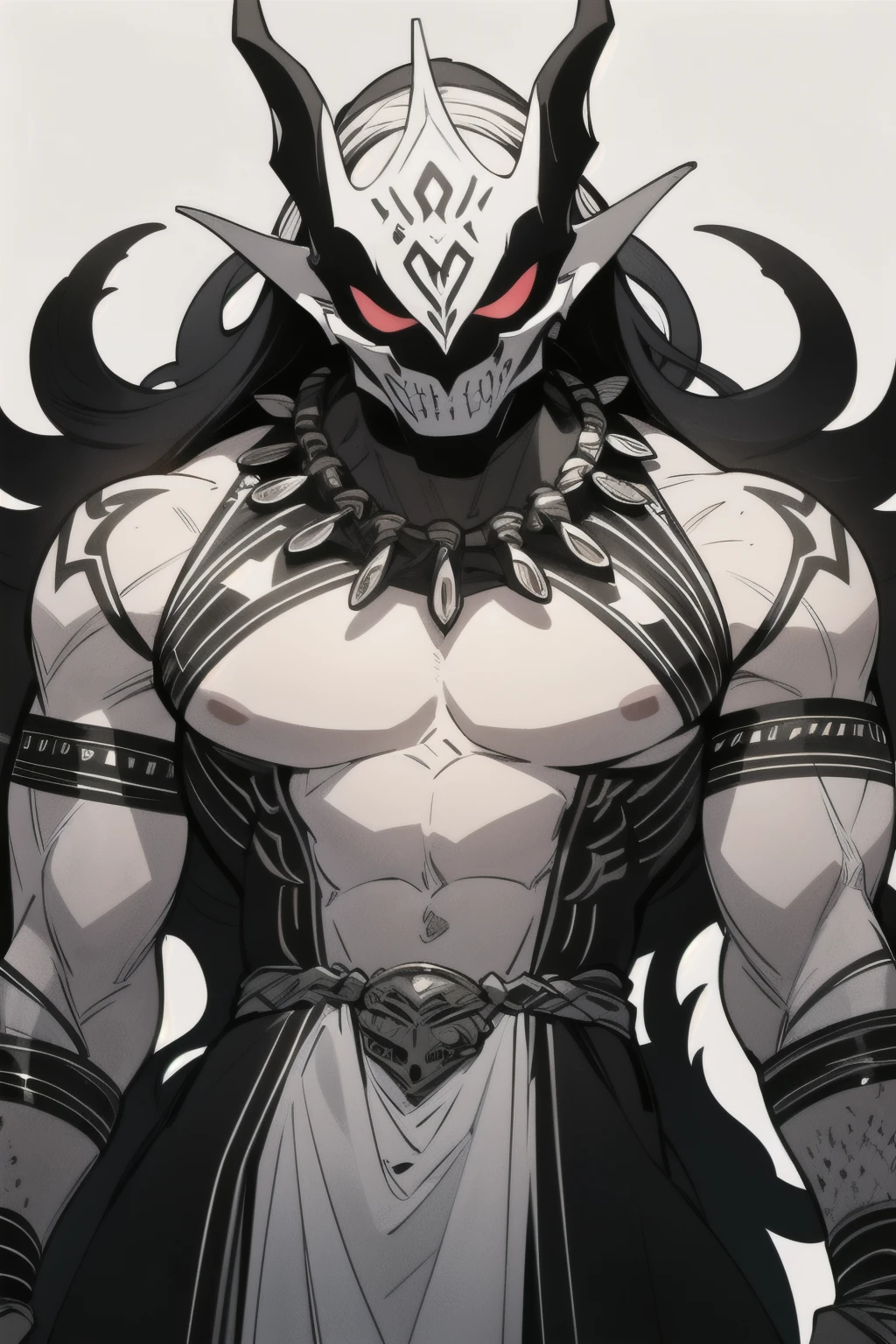 ((best quality)), ((masterpiece)), (detailed), A powerful skeletal figure with a muscular humanoid build, featuring three pairs of arms, each arm adorned with metallic wrist bands. The character's skin is (white) and marked with symmetrical black tribal patterns across its body. The figure wears a long black, skirt-like garment with metallic accents resembling ancient armor. It's upper body is bare, and muscular, with a metallic band around the neck. It holds a tall, intricately designed staff in only one hand, exuding an aura of authority. The head is a smooth, featureless Oni mask with no visible eyes. The art style is clean and highly detailed, resembling manhua or manga aesthetics, with a neutral gray background to emphasize the character.