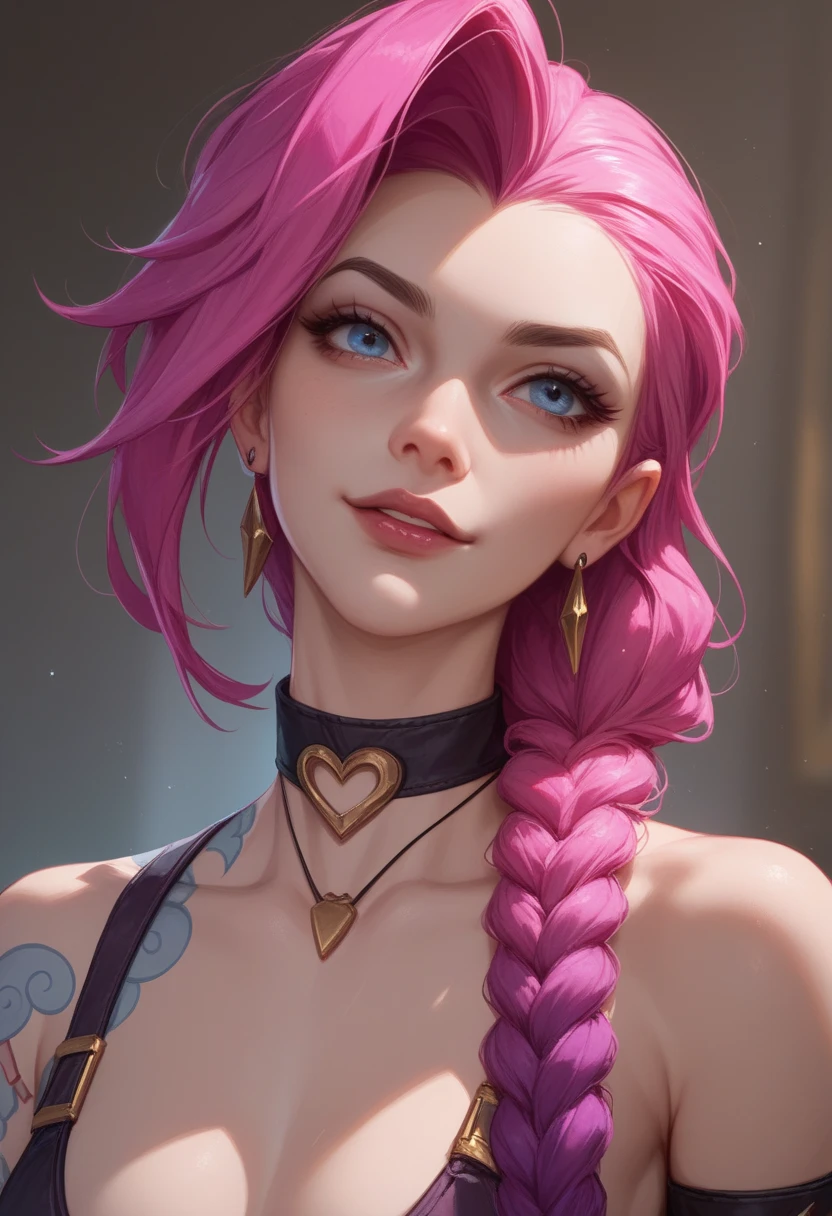 Jinx,league of legends,upper body,cowboy shot, Score_9, Score_8_up, Score_7_up, Score_6_up, Score_5_up, Score_4_up, Source_anime, Tag1, Tag2, Quality_masterpiece, Anatomically correct, face, Perfect face, Highly detailed face and eyes,Pink Hair, Purple Hair, Multicolored Hair, Braid hair, 