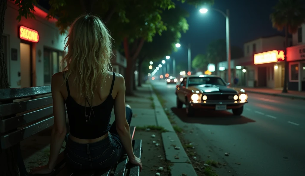 First-person view from the park bench, capturing a frail, drug-addicted young blonde woman sitting on the backrest with her feet on the seat. In the distance, on a wide, busy street in Los Angeles, a vintage Ford Mustang is stopped, seen from the side. Inside the car, a group of young, bad-boy guys with cocky expressions are visible through the open windows, their silhouettes highlighted by the neon glow from nearby signs. The street is lined with scattered trash and faint graffiti, with the faint buzz of nightlife adding a tense, gritty energy to the urban scene