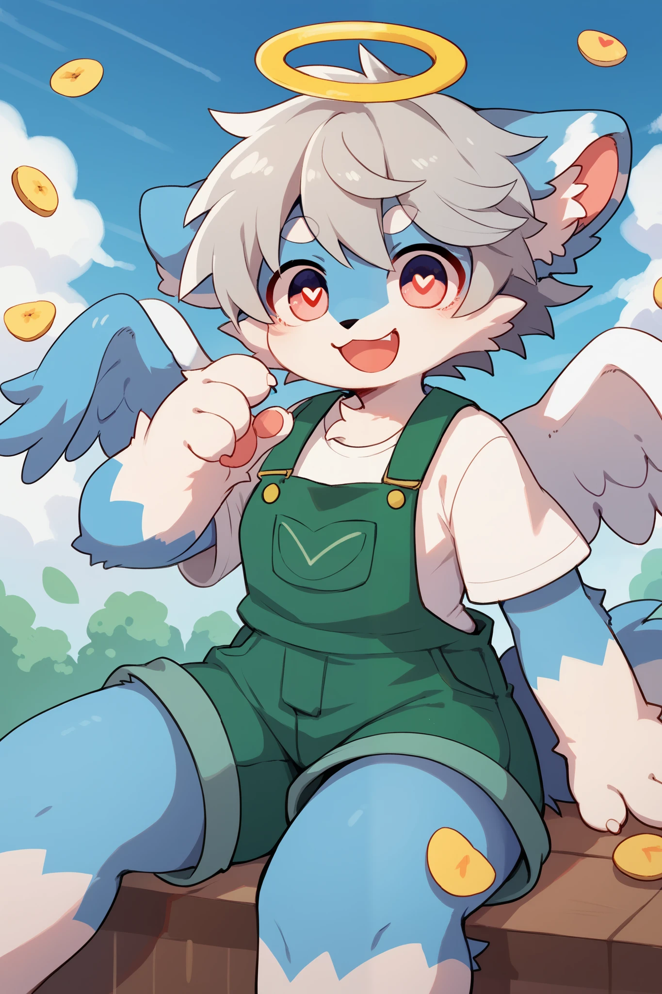     very detailedな,  very detailed,Blue fur,  gray hair,female,骨を見て  excited,Heart Eye,participate,  cute face,  sitting！,,  fluffy fur   ,   excited, Lustful Girl, angel,Beautiful sky,smile,  green overalls   ,   white t-shirt   ,Alone,Dropped ears,My mental age   ,want