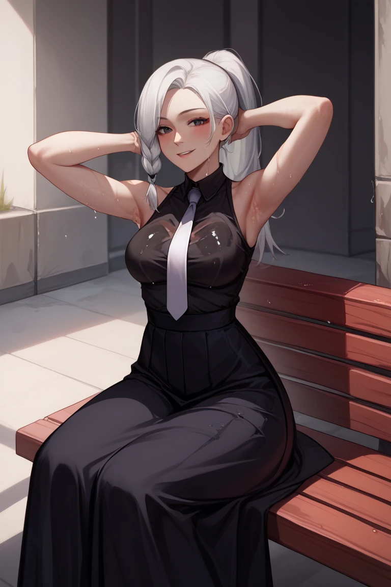 score_9,score_8_up,score_7_up,score_6_up, meimeijjk,  source_anime, 1girl, smile, looking at viewer, sit on bench, hands up, showing off armpit, sleeveless, white hair, ponytail, black shirt, white necktie, long skirt, black skirt, corridor, soaked body, sweat all over body, clothes wet, soaked clothes, medium_breasts, blushing, smiling