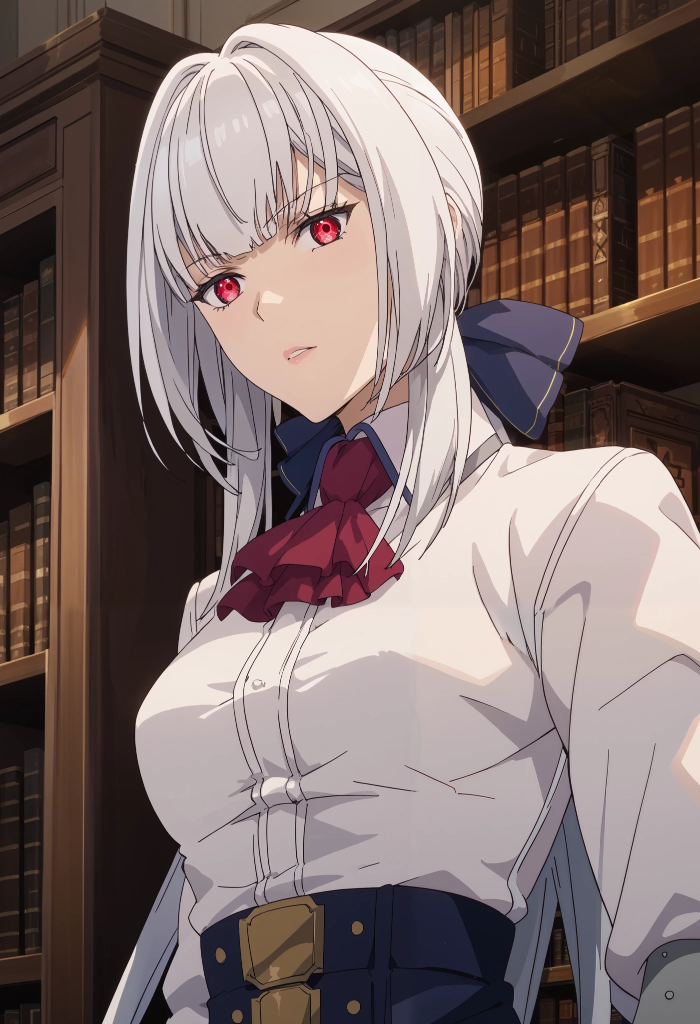 score_7_up, source_anime, christina, white hair, long hair, red eyes, 1girl, bookshelf,
