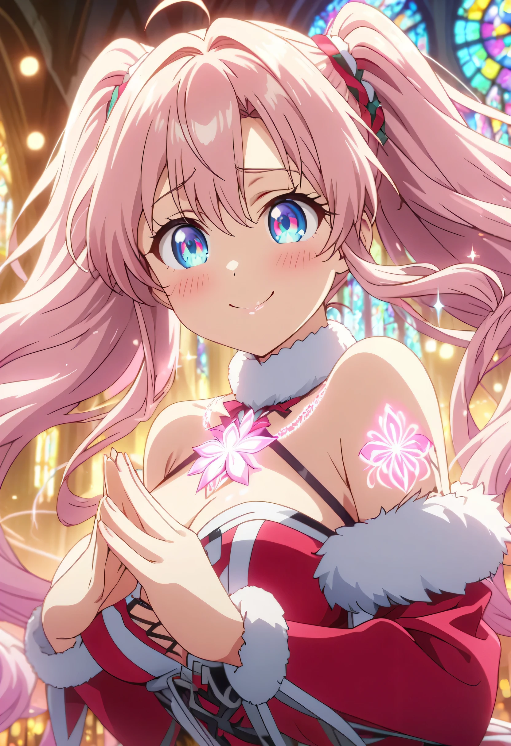 Masterpiece, highest quality, highly detailed CG Unity 8k wallpaper, anime screenshots, female anime character with neon chains. Art of a female anime character with a glowing neon flower tattoo and off-shoulder white fake fur trim red santa claus costume. rounded chin, twintail hair, blue droopy eyes, (sparkle eyes, expecting), pink cheek, blush, pink lips, beautiful huge breasts, open clothes, smile, This scene with flowing hair has a nice soft focus effect, highlighting the magical glow of the tattoo. Please take a prayer pose. In the background is a stained glass church. bokeh photography, (soft focus):1.2, out-of-focus highlights, dreamy ambiance, glowing circles, mesmerizing depth, depth of field