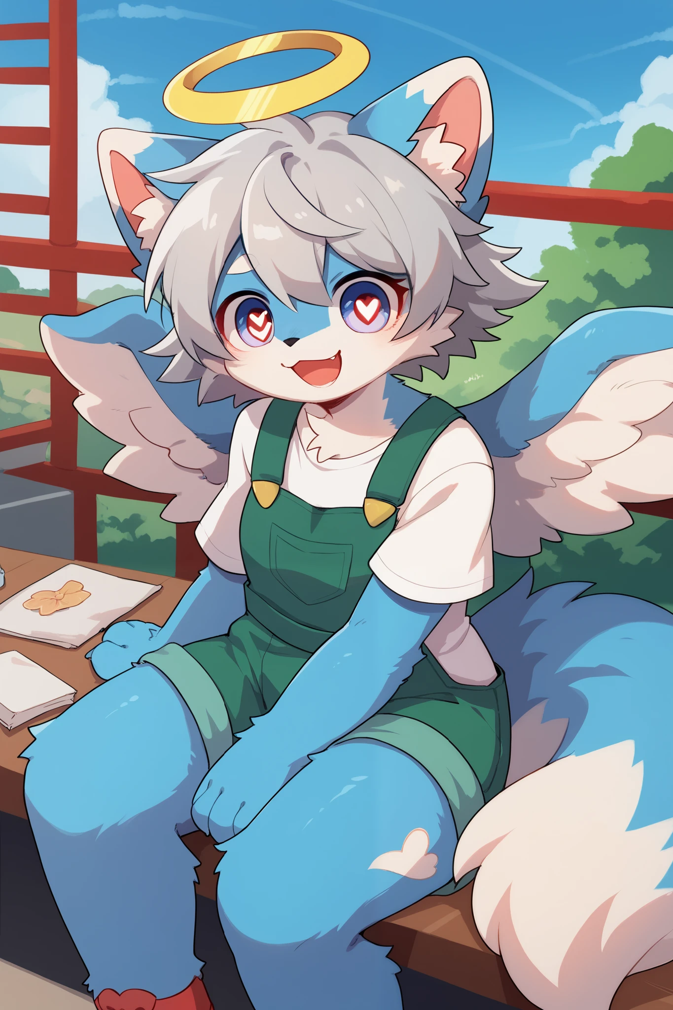     very detailedな,  very detailed,Blue fur,  gray hair,female,骨を見て  excited,Heart Eye,participate,  cute face,  sitting！,,  fluffy fur   ,   excited, Lustful Girl, angel,Beautiful sky,smile,  green overalls   ,   white t-shirt   ,Alone,Dropped ears,My mental age   ,want