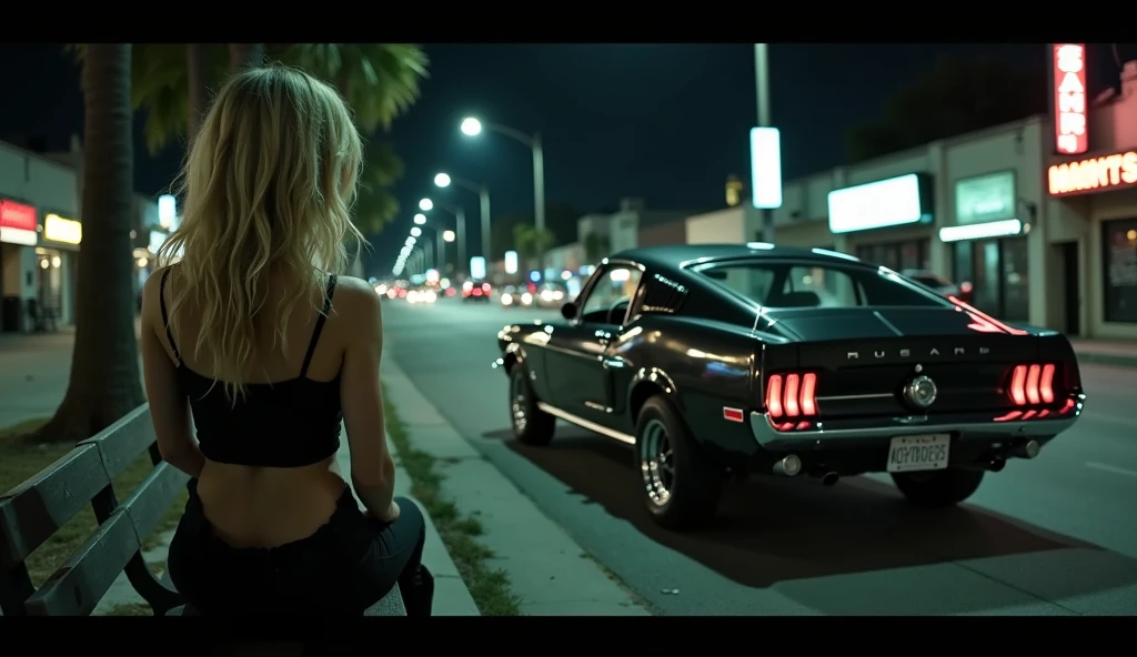 First-person perspective from a drug-addicted young woman sitting on a park bench at night in Los Angeles, gazing out at a wide, bustling street. In the center of the scene, a vintage Ford Mustang is stopped, viewed from the side. Inside the car, a group of young, rebellious men with confident smirks and leather jackets are visible through the open windows. The car’s polished surface reflects neon lights from nearby signs, while the street is illuminated by headlights and the distant glow of the city. The gritty urban atmosphere is emphasized by faint graffiti, scattered trash, and the moody lighting of the scene