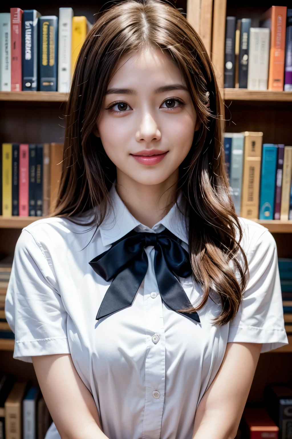 top-quality, ​masterpiece, 8K, 超A high resolution, (Photorealsitic:1.4), 1girl in、beautiful countenance、symmetrical eye、(Colossal tits)、Perfect body proportion、Schoolgirl Uniform、Look at viewers、front-facing view、Shoulder、Absolute area(1.3)、A smile　The background is a super high-class wooden library.　Dark blue uniform　Name tag on chest　((High quality and careful reproduction of every detail of the eyes:1.3)) ((Cute 16 year old girl))