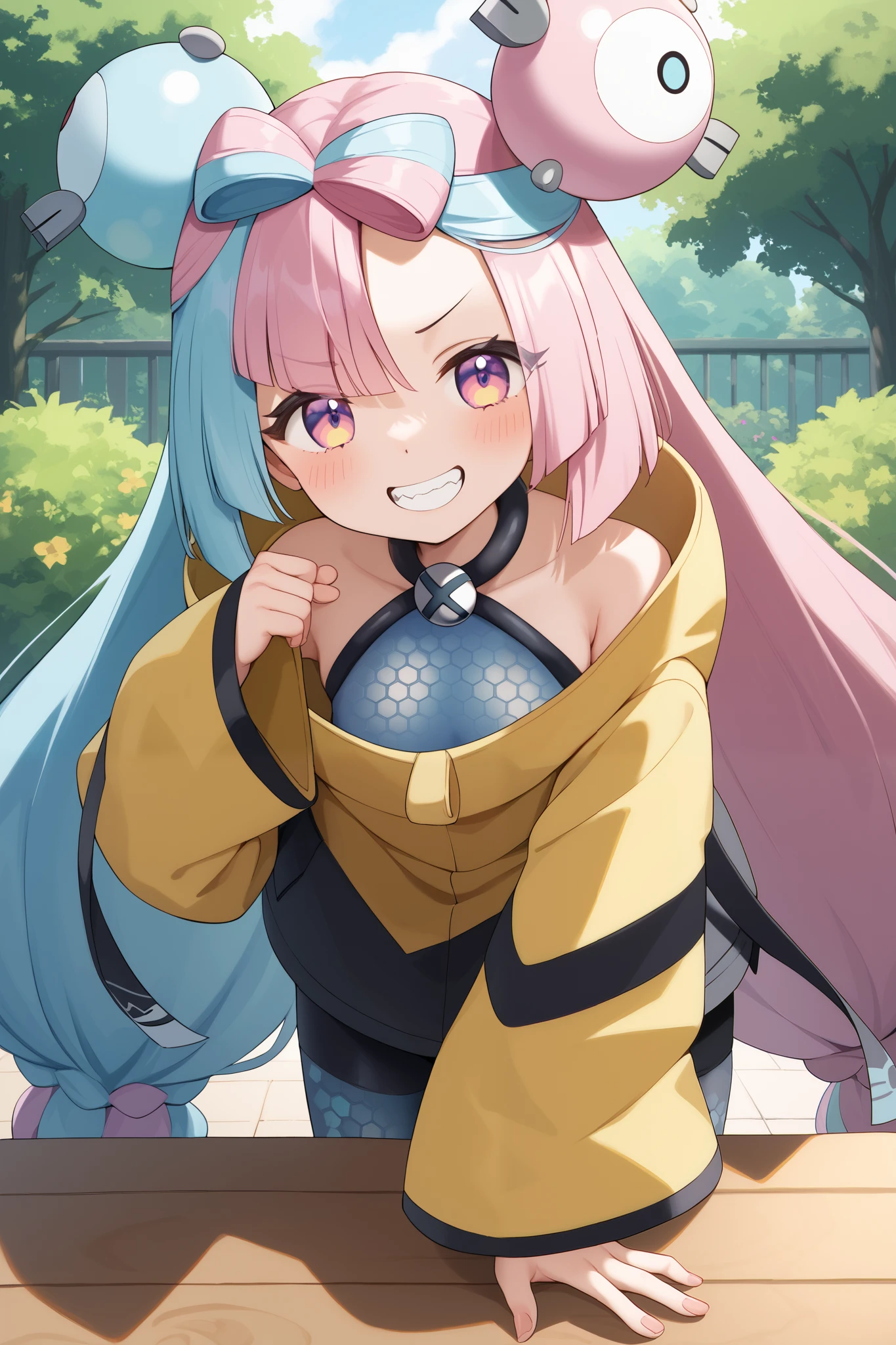 NSFW,masterpiece, top quality , high res, very detailed,Pokemon Iono、 blue hair、Bow-shaped hair、キャラクターの hair ornament、 hair ornament、 long hair、低く結んだ long hair、Multicolored Hair、 pink hair、 keen teeth、 split color hair、 twin tails、 two-tone hair 、 pink eyes, asymmetric legwear、Bell、Ribbon-shaped hair 、 character hair ornament、 hexagonal print 、 oversized clothing 、 pantyhose、シングルレッグ pantyhose、 split color hair、 jacket、イエロー jacket,garden, wooden table