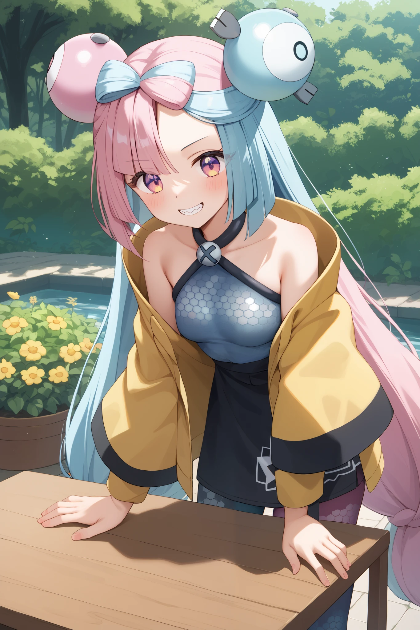 NSFW,masterpiece, top quality , high res, very detailed,Pokemon Iono、 blue hair、Bow-shaped hair、キャラクターの hair ornament、 hair ornament、 long hair、低く結んだ long hair、Multicolored Hair、 pink hair、 keen teeth、 split color hair、 twin tails、 two-tone hair 、 pink eyes, asymmetric legwear、Bell、Ribbon-shaped hair 、 character hair ornament、 hexagonal print 、 oversized clothing 、 pantyhose、シングルレッグ pantyhose、 split color hair、 jacket、イエロー jacket,garden, wooden table