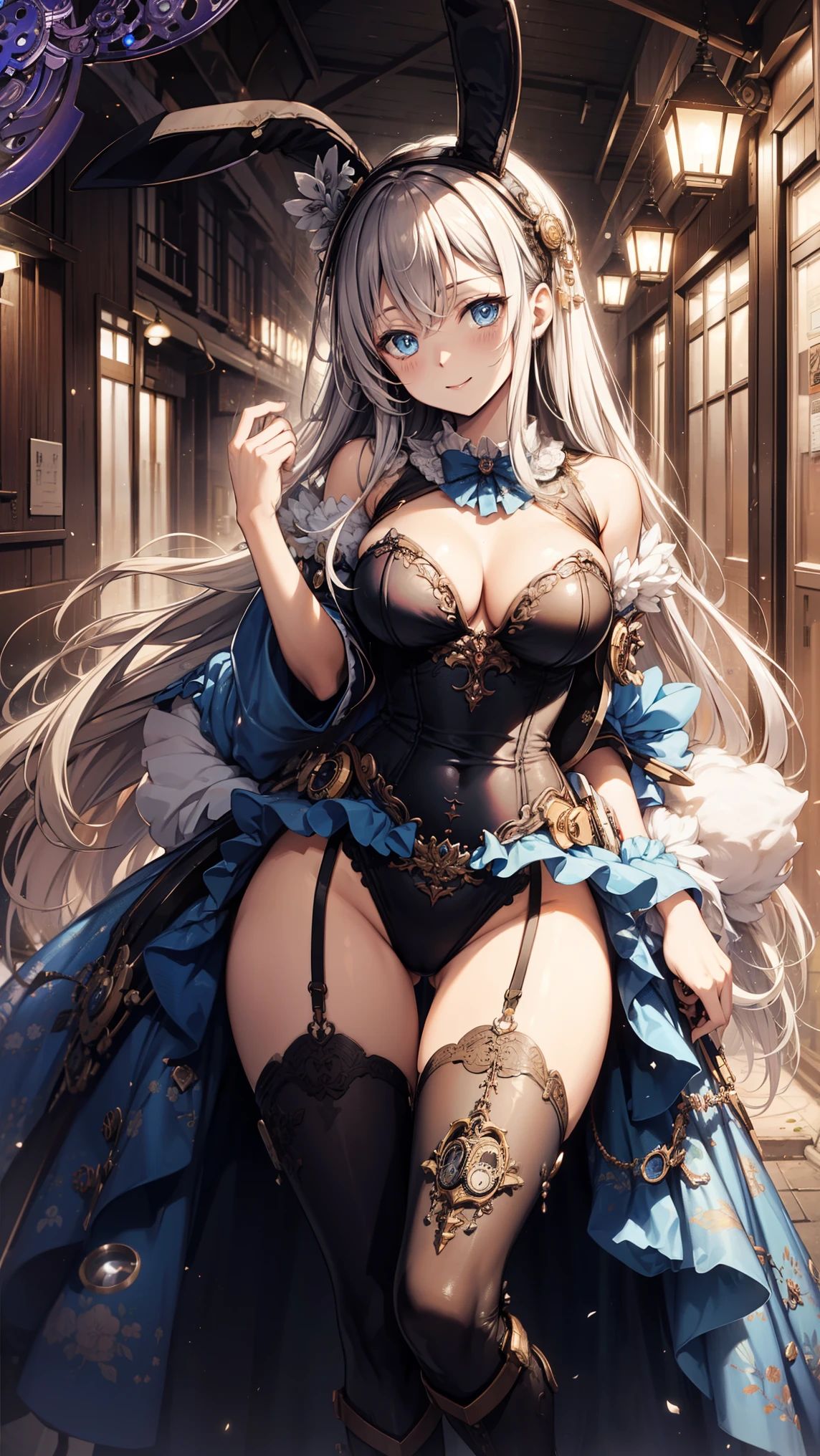 saints,Elegant and charming,Having fun,in love,(White and blue magic costume),Black Gloves,Silver Hair,blue eyes,See through transparent clothes,Exquisite hair accessories,Transparent lace,night,Dress nicely,bedroom,night,Carved garter stockings,Super Detail