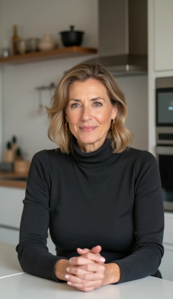 a realistic photograph of beautiful (KW116:1.1) woman wearing a brown turtleneck sweater dress,standing at the counter of a (New York City delicatessen:1.1),looking at viewer,smiling,as seen in vanity fair magazine,medium body shot,photorealistic,bokeh,film grain,sharp focus,(masterpiece,best quality,ultra detailed,highres,absurdres:1.2),modelshoot style,hdr uhd,8k wallpaper,nikon d800,PA7_Portrait-MS,<lora:KW116_04A-000002:1.0>,