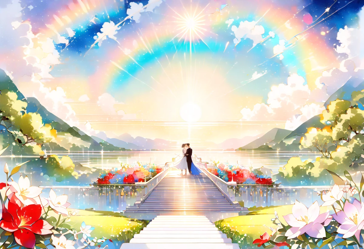 ((( exquisite watercolor painting depicting a beautiful landscape of a keyboard leading from paradise))),(((Unconditional Love))),(( top quality ,masterpiece:1.5)),((Sacred Staircase )),((Dazzling light)),( large colorful photons :1.5),( pearl white ),(Perfect Anatomy),( Ultra High Quality ),( detailed background),(Artwork),(Great harmony ),(The 々 creatures you depict are beautiful),Desaturated:1.1, Rich Color Palette ,Beautiful and fantastic lighting, anime style,truth,joy,thank you,comfortable,fair,Elegance,Polite , true strength , full of vitality ,altruism,Beautiful,clean, soft,Here and now , Forget Time ,Unadorned ,fun,continuation