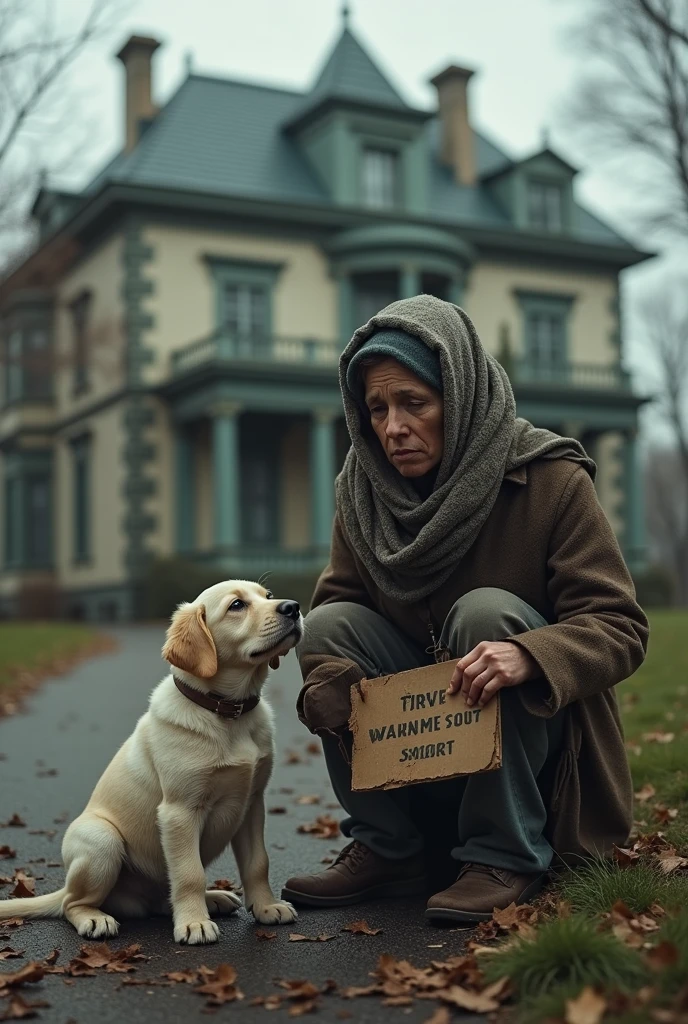 Homeless woman in front of a large house and next to her a Labrador puppy