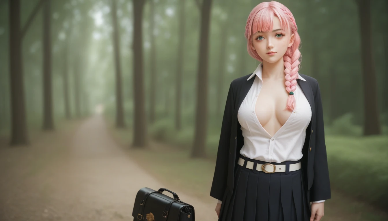 Kanroji Mitsuri,Mole under the eyes,Pink hair,Mole,Long hair,multicolored hair,braid,Gradient Hair,demon slayer uniform,Green hair,Green eyes,Bangs,Long sleeves,Shirt,Twin braids,Two-tone hair,komono,White shirt,haori,Jacket,Black jacket,Belt bag,Collared shirt,White belt,Skirt,Unbuttoned shirt,Black skirt,Open Shirt,katanas,green thighhighs,Pleated skirt,Miniskirt,1girl in,Sexy Pose,Best Quality,masutepiece,Illustration,extremely delicate and beautiful,nffsw,Unity,8K Wallpaper,amazing,finely detail,masutepiece,Official art,Highly detailed ticker Unity 8k wallpaper,unbelievable Ridiculous,huge filesize,Ultra-detailed,hight resolution,Extremely detailed,Beautiful detailed girl,Realistic,full frontal,Outdoors,Light contrast,