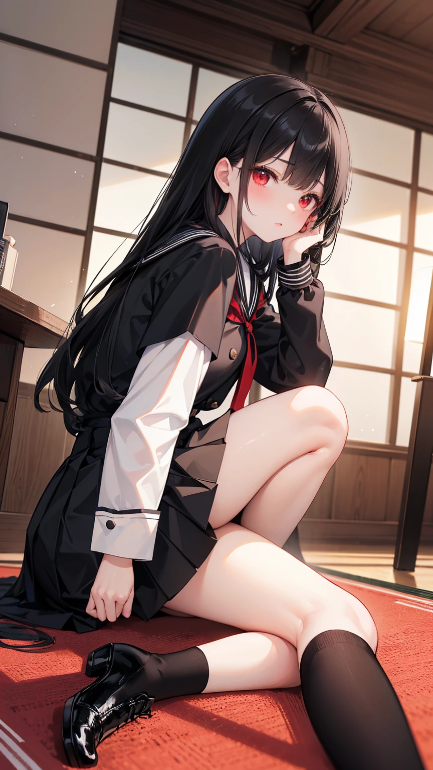 Masterpiece, Best quality,1 girl, Rin Tosaka, Solo, Long hair, Thighs, Mini skirt, Blue eyes, Thighs, Black hair, crouched, Turn up the skirt with both hands, White ribbon panties visible, (Bend your legs while sitting，knee bend)), crouched, Open legs, (skirt up:1.2), NSFW, Shy, Show off, cleavage,