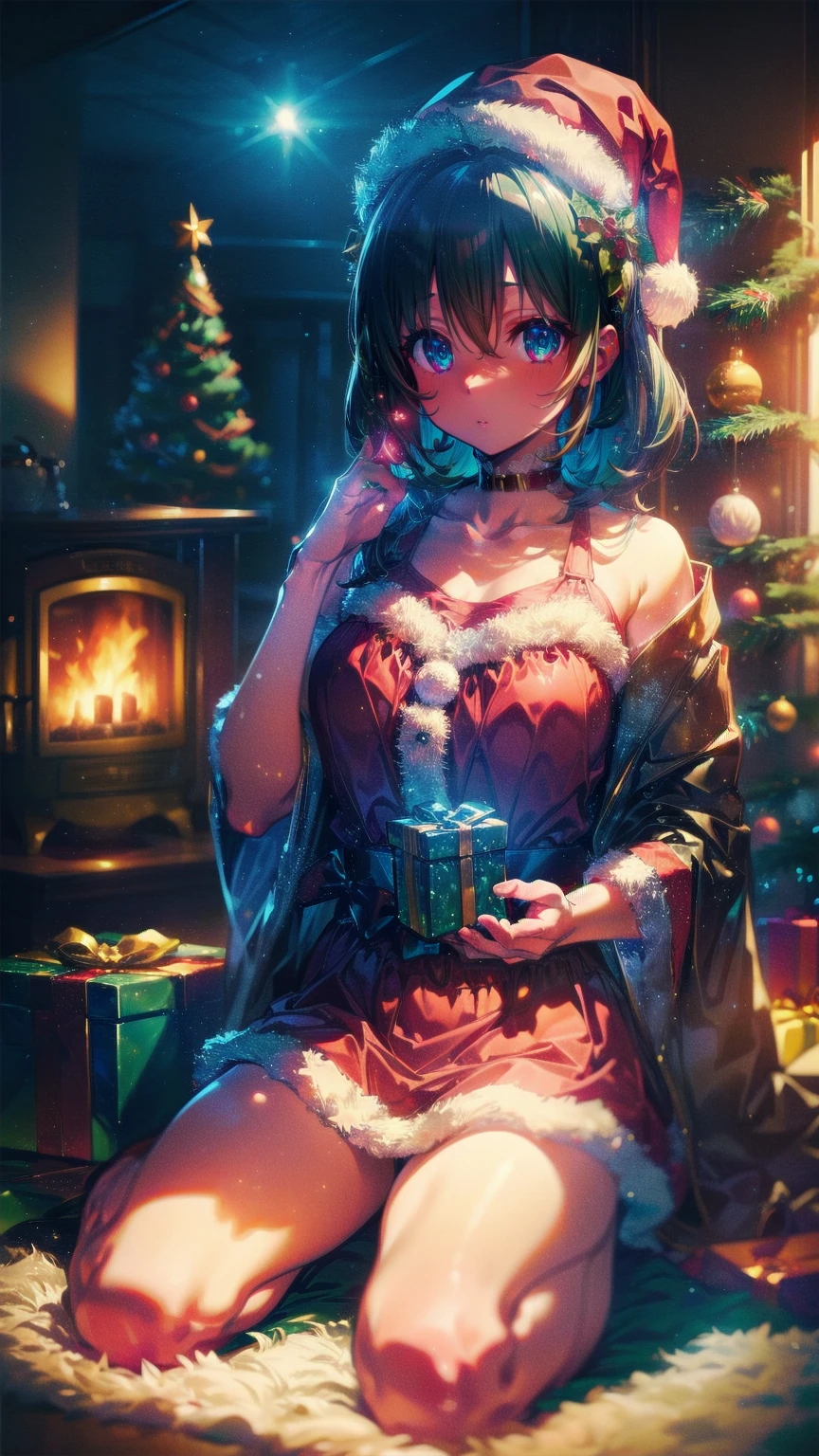 Girl wrapped in Christmas gift paper, Ribbon, Gifts, Christmas trees
