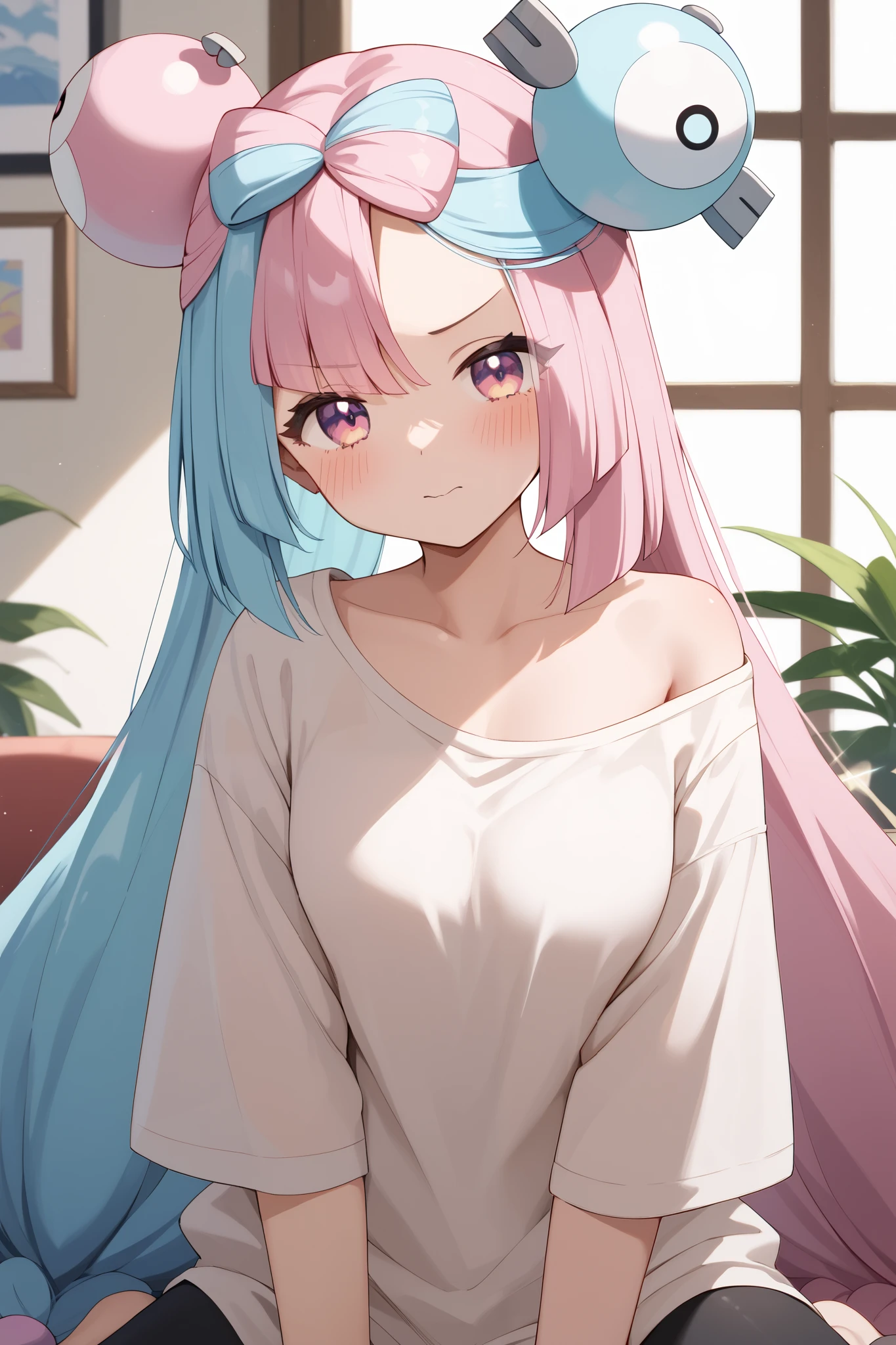 NSFW,masterpiece, top quality , high res, very detailed,Pokemon Iono、 blue hair、Bow-shaped hair、キャラクターの hair ornament、 hair ornament、 long hair、低く結んだ long hair、Multicolored Hair、 pink hair、 split color hair、 twin tails、 two-tone hair 、 pink eyes, oversized shirt,Sleepy face, living room