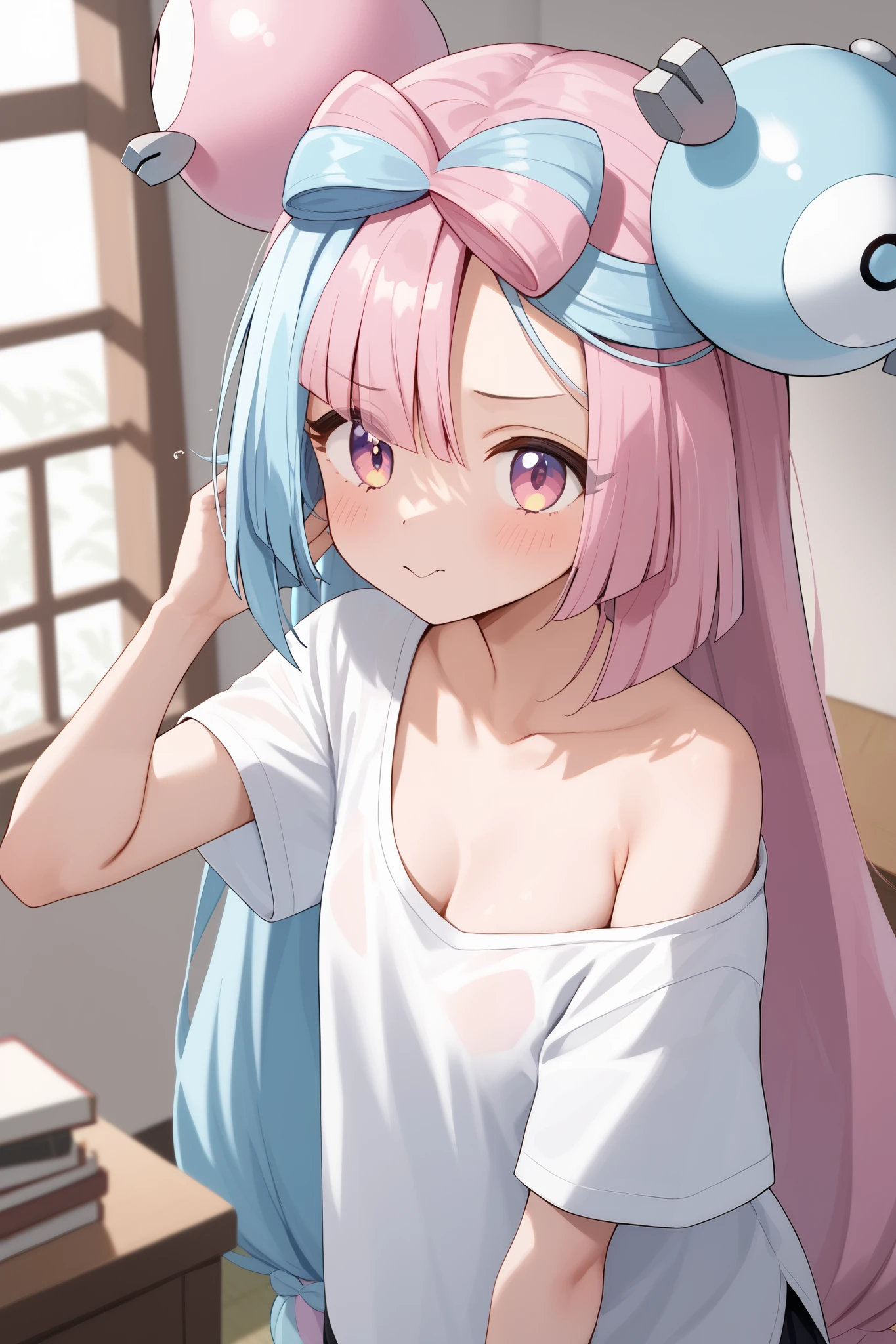 NSFW,masterpiece, top quality , high res, very detailed,Pokemon Iono、 blue hair、Bow-shaped hair、キャラクターの hair ornament、 hair ornament、 long hair、低く結んだ long hair、Multicolored Hair、 pink hair、 split color hair、 twin tails、 two-tone hair 、 pink eyes, oversized shirt,Sleepy face, living room