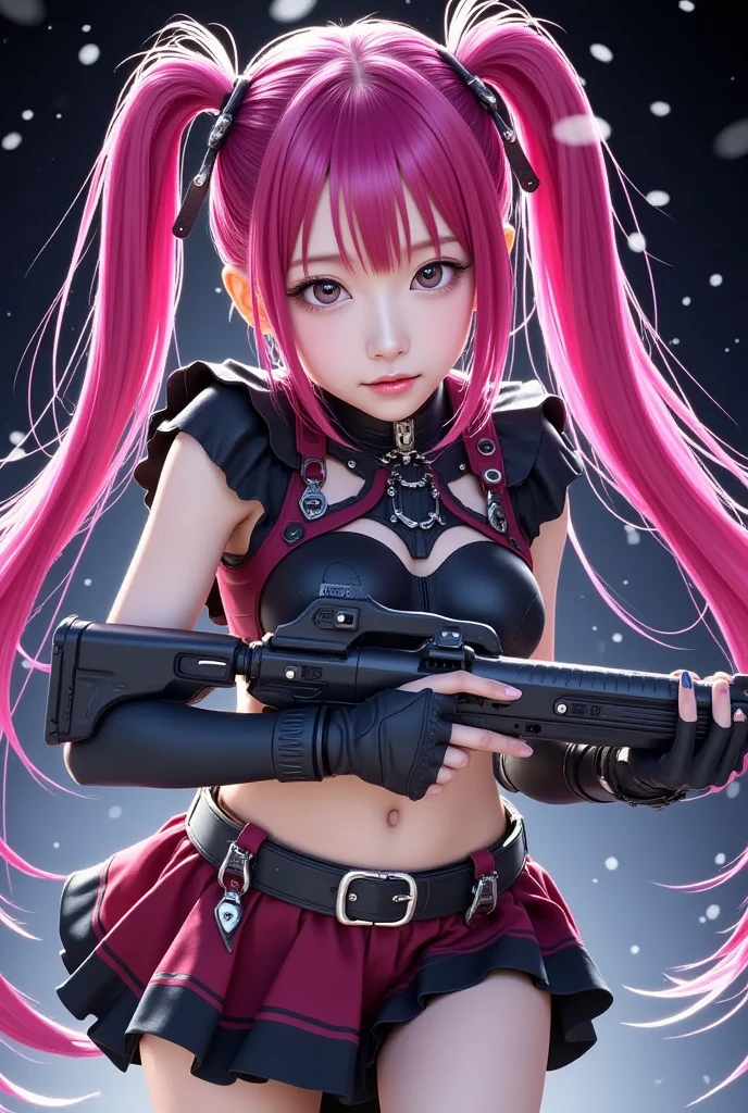 An intricately detailed anime-style image of a vibrant mecha musume with long hot pink twin tails styled elegantly for movement. She wears a gothic lolita-inspired micro miniskirt outfit (1.2 emphasis) that complements her high-tech aesthetic. Her determined expression reflects readiness as she grips a two-faced laser machine gun in preparation for battle. The background depicts the Demon Realm—a fusion of gothic fantasy and futuristic mecha themes—with snowfall adding an ethereal touch to the dark, desolate environment. Dynamic lighting highlights her mechanical components and flowing hair, creating an immersive scene filled with energy and grace.