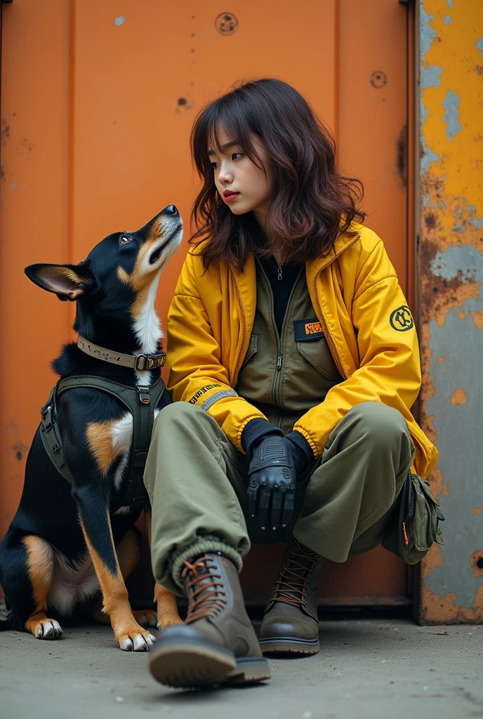 A detailed and colorful low angle digital shot shows a beautiful young woman with a Thai-Chinese face, wave brown hair in a futuristic streetwear outfit, sitting with her loyal companion dog. The person is wearing an yellow jacket , cargo pants, a handgun attached to the waistband, and sturdy boots. ,She is sitting in front of an old, rusted and peeling orange metal wall. An old faded poster is placed next to it, creating the atmosphere of an urban environment. The dog appears to be a loyal companion, looking up at the person with interest and love. It is shown to emphasize their bond and attire. The overall scene should convey a sense of companionship and adventure in a modern, urban environment.