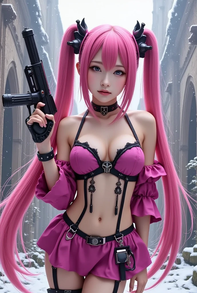 A breathtaking anime-style illustration of a high-mobility mecha musume in an action-packed pose. Her long hot pink twin tails flow dynamically as she stands ready with a two-faced laser machine gun. She wears a gothic lolita-inspired micro miniskirt outfit (1.2 emphasis) in bold pink tones that contrasts beautifully with her futuristic mechanical elements. Set in the ominous Demon Realm, the background features intricate gothic architecture mixed with barren landscapes under softly falling snow, creating an otherworldly atmosphere. Subtle lighting effects highlight her glowing mecha components and add depth to the composition, blending elegance, power, and mystery into one visually striking image.