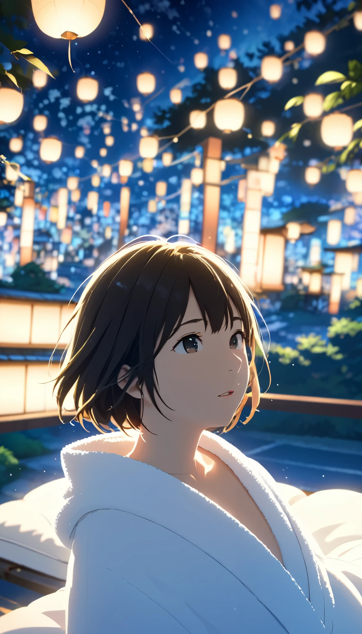 masterpiece, high res, illustration, Kyoto animation style, movie style: your name, night , mid night , Gentle Light, Fascinating Light, (1 female: 1.3), (Alone: 1.4), has long eyelashes, short bob, nose_, open_mouth, futon, nudity, , towel, Kirarhythm, dynamic perspective, perspective, Bokeh, Depth_of_Field, from_ Down