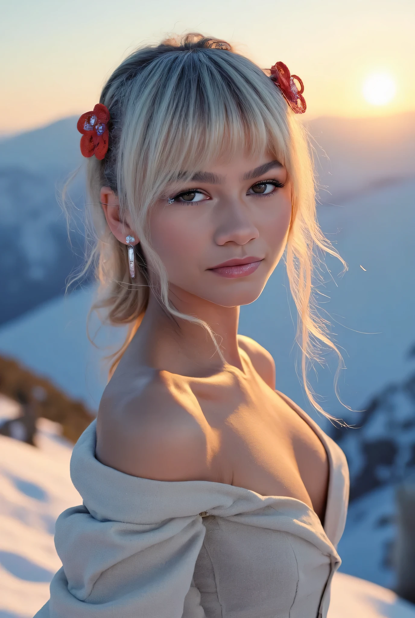 High res waist up portrait photo of a woman directly facing the camera with her hair in a high ponytail and eye-makeup featuring glittery eye-shadow and clear glossy lip-gloss. She is looking at the camera with a slight seductive look. She is wearing a thin string-like hoop earrings.