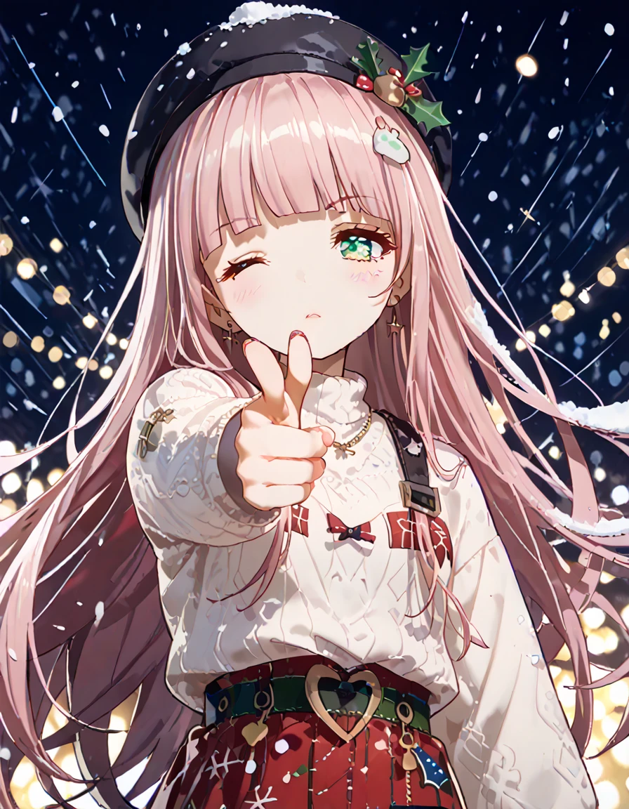 luzao\(EOE\),one girl,solo,best quality, masterpiece, ,,break,1girl,(front bokeh,close up,blur background,snowing,snow,winter,christmas theme),,break, super detailed skin,very high resolution, very aesthetic, by famous artist, 8k, 16k,,beauty illustration,photoshop_(large),,(night,weak Lighting),best wallpaper,(green eyes,half-closed eyes,one eye closed,),(light_pink hair|Detailed hair|blunt bangs|shiny hair|sidelocks|slut strands),(off shoulder,red large dress,long sleeves,white sweater),(emotionless,blush,),black beret,(finger gun
pointing at viewer
pointing),