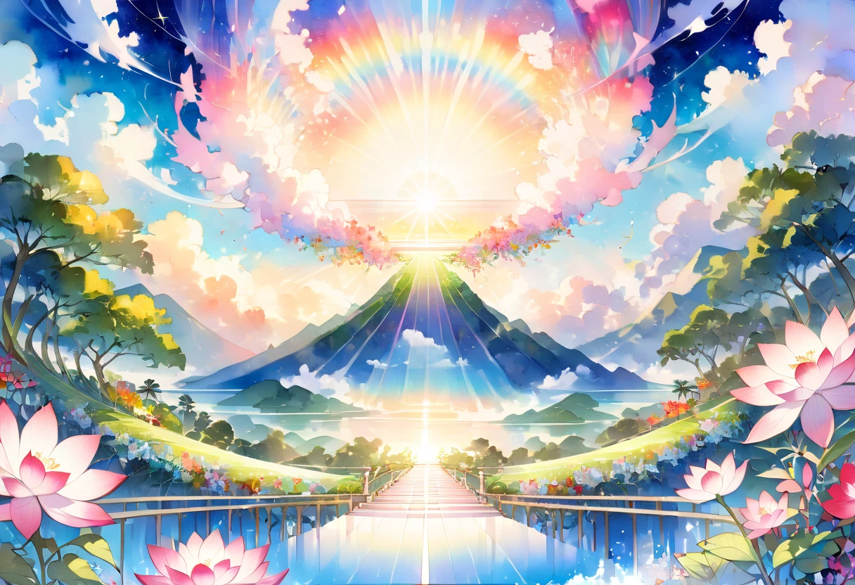 (((An elaborate watercolor painting depicting a beautiful landscape of a keyboard rising from paradise to the sky))),(((Unconditional Love))),(( top quality ,masterpiece:1.5)),((Sacred Staircase )),((Dazzling light)),( large colorful photons :1.5),( pearl white ),(Perfect Anatomy),( Ultra High Quality ),( detailed background),(Artwork),(Great harmony ),(The 々 creatures you depict are beautiful),Desaturated:1.1, Rich Color Palette ,Beautiful and fantastic lighting, anime style,truth,joy,thank you,comfortable,fair,Elegance,Polite , true strength , full of vitality ,altruism,Beautiful,clean, soft,Here and now , Forget Time ,Unadorned ,fun,continuation