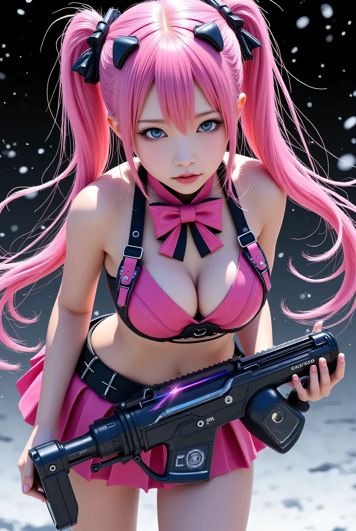 A visually stunning anime-style illustration of a dynamic mecha musume with flowing hot pink twin-tail hair. She is wearing a gothic lolita-inspired micro miniskirt outfit (1.2 emphasis) in vibrant pink tones, contrasting her high-tech aesthetic. Her serious expression conveys determination as she wields a two-faced laser machine gun, ready for battle. The setting is the Demon Realm, featuring dark and eerie tones with intricate details that blend fantasy and mecha elements. Snowfall adds a surreal touch, enhancing the cold and mysterious atmosphere. The composition emphasizes her mobility and power, with glowing accents on her mecha components and subtle lighting effects adding depth. Gothic architecture and desolate landscapes blend seamlessly in the background, rendered in ultra-high resolution with absurd levels of detail.