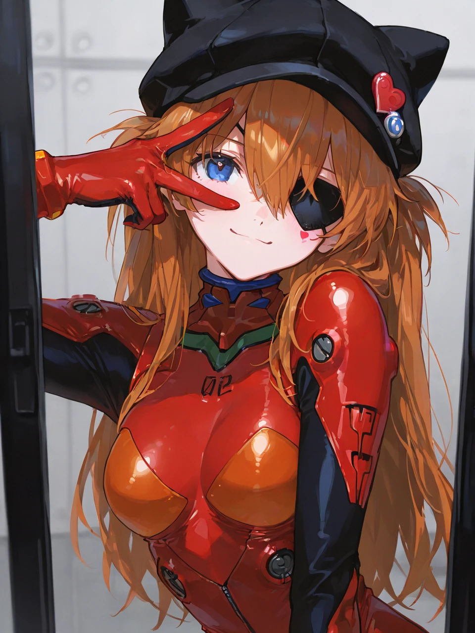 (masterpiece,  top quality ),    1 girl, Heart face mark  , v over eye   ,,   Neon Genesis Evangelion 、   Shikinami Asuka Langley、   red plug suit   、   eye patch、(Cat hat、black)、smile、   raise your hand, fingertip 、  whole body、Body that fits inside the screen 