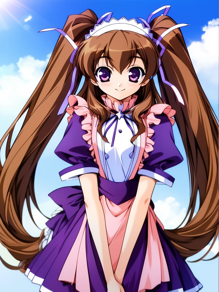 <lora:aizawa_tomomi:1>, aizawatomomi, 1girl, solo, brown hair, twintails, long hair, ribbon, smile, maid, purple eyes, dress, apron, hair ribbon, waitress, v arms, sky,
masterpiece, high quality, very_high_resolution, large_filesize, full color,