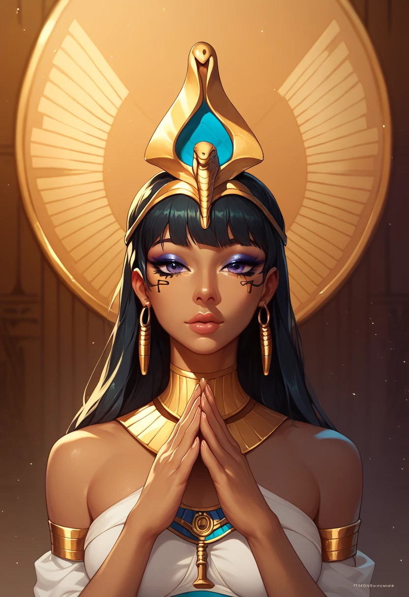 Egyptian costume, dark skin, beautiful, beautiful face, smooth body, Egyptian background, praying,