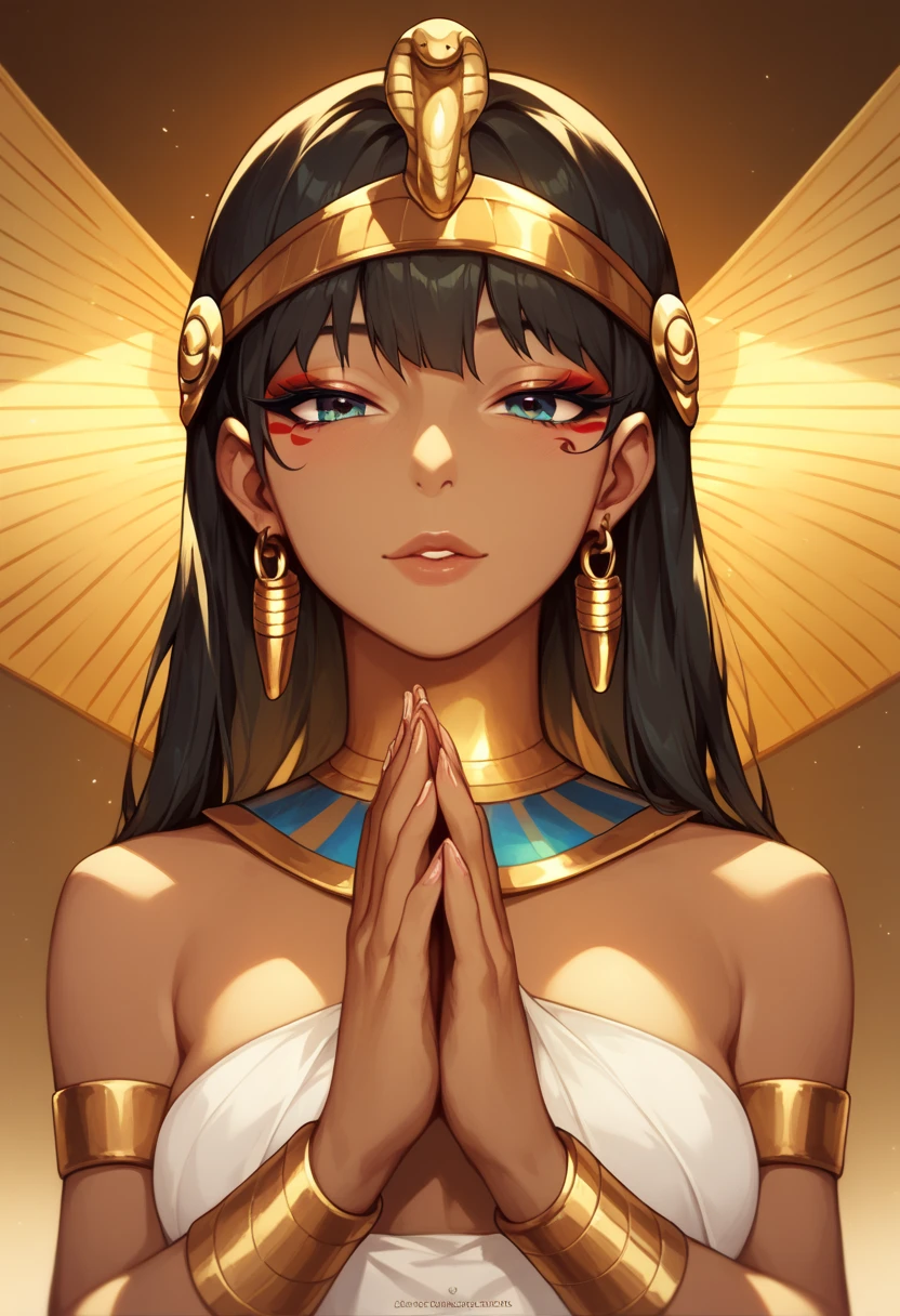 Egyptian costume, dark skin, beautiful, beautiful face, smooth body, Egyptian background, praying,