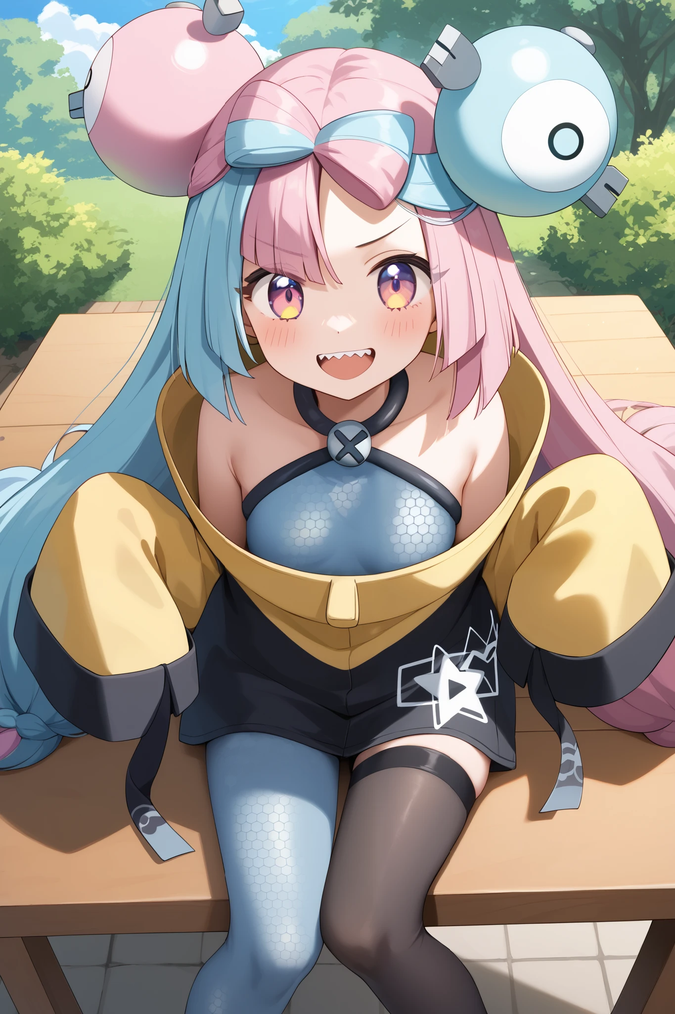 NSFW,masterpiece, top quality , high res, very detailed,Pokemon Iono、 blue hair、Bow-shaped hair、キャラクターの hair ornament、 hair ornament、 long hair、低く結んだ long hair、Multicolored Hair、 pink hair、 keen teeth、 split color hair、 twin tails、 two-tone hair 、 pink eyes, asymmetric legwear、Bell、Ribbon-shaped hair 、 character hair ornament、 hexagonal print 、 oversized clothing 、 pantyhose、シングルレッグ pantyhose、 split color hair、 jacket、イエロー jacket,garden, wooden table,wooden chaise longue