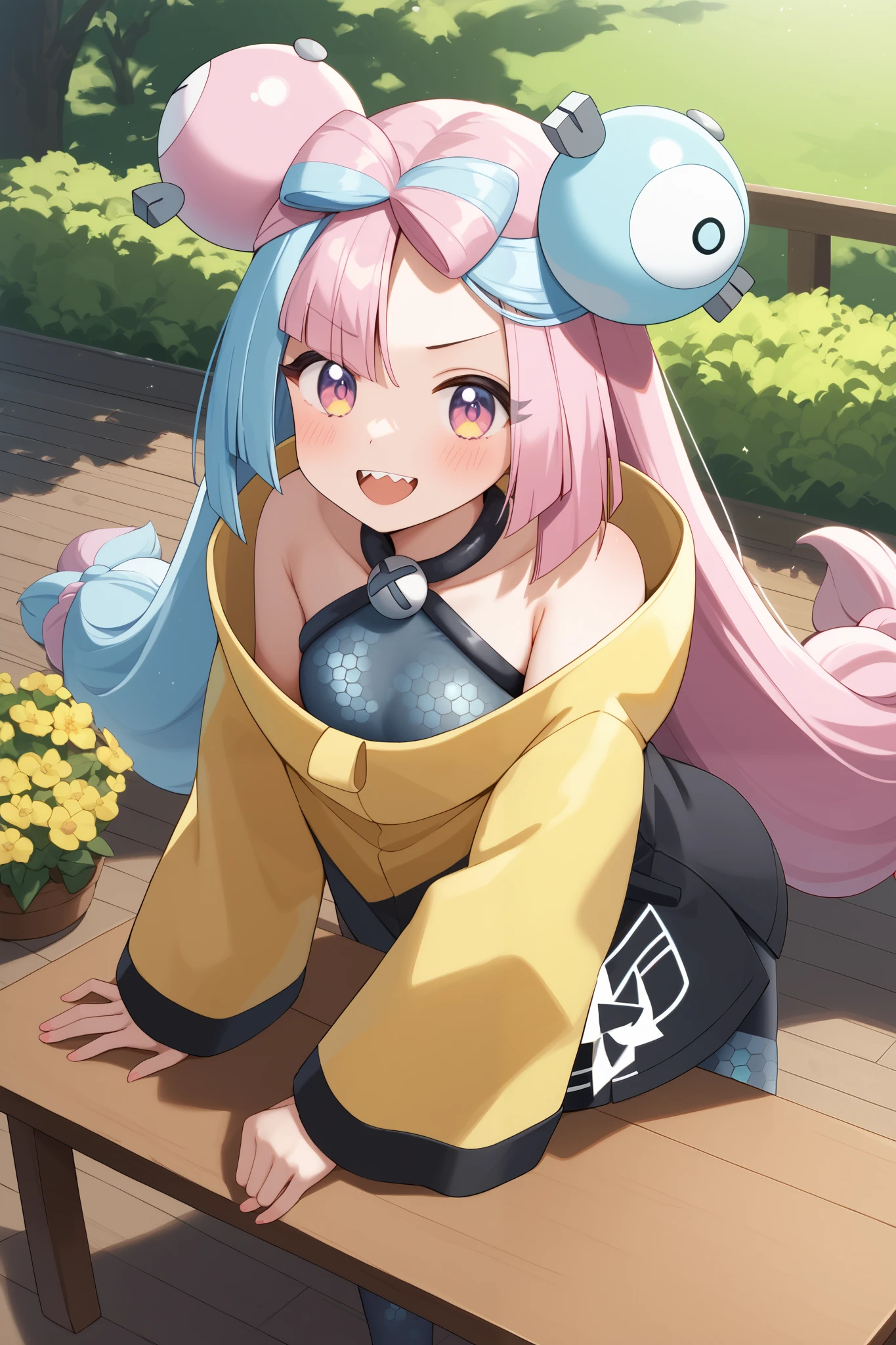 NSFW,masterpiece, top quality , high res, very detailed,Pokemon Iono、 blue hair、Bow-shaped hair、キャラクターの hair ornament、 hair ornament、 long hair、低く結んだ long hair、Multicolored Hair、 pink hair、 keen teeth、 split color hair、 twin tails、 two-tone hair 、 pink eyes, asymmetric legwear、Bell、Ribbon-shaped hair 、 character hair ornament、 hexagonal print 、 oversized clothing 、 pantyhose、シングルレッグ pantyhose、 split color hair、 jacket、イエロー jacket,garden, wooden table,wooden chaise longue