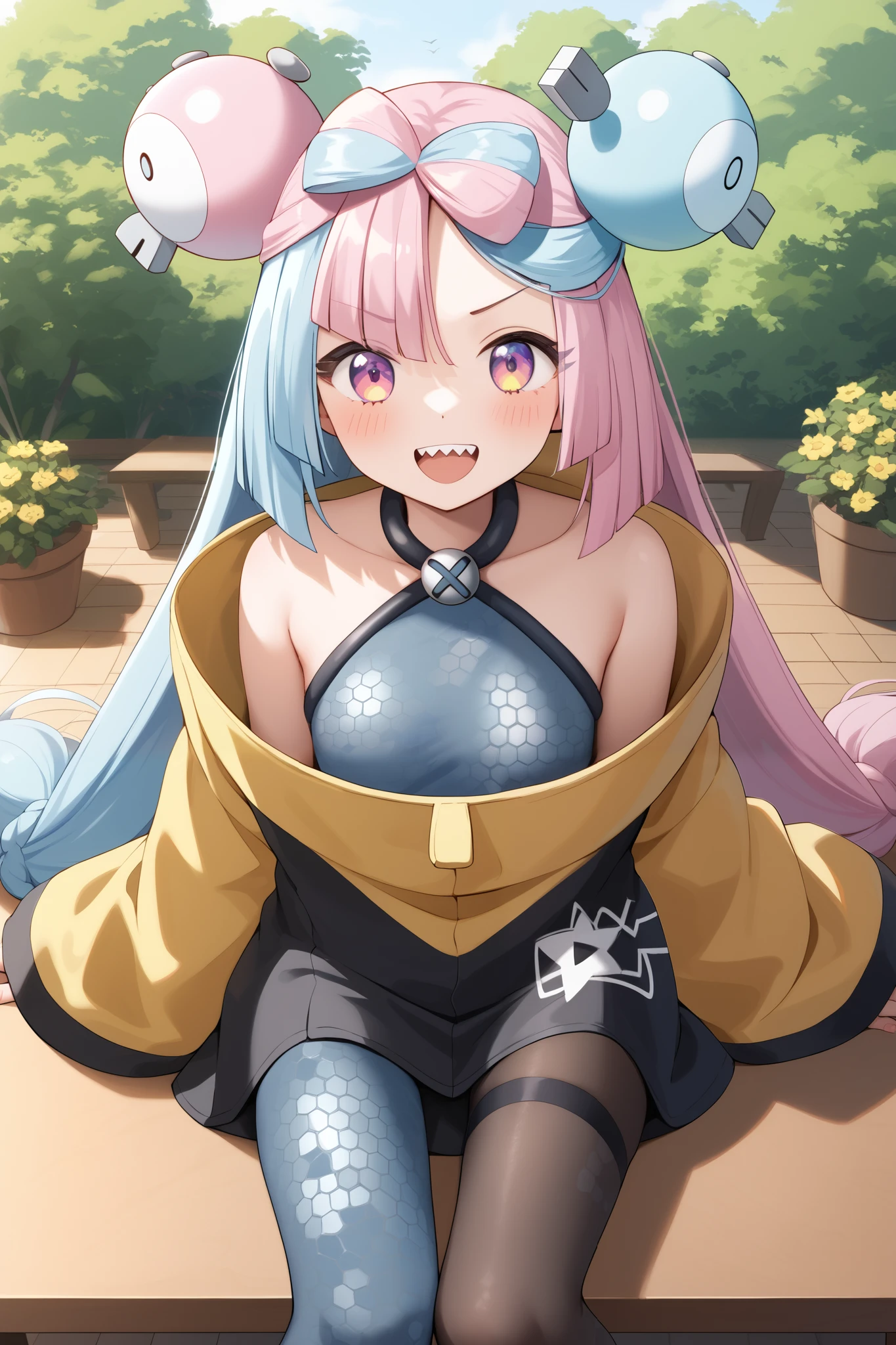 NSFW,masterpiece, top quality , high res, very detailed,Pokemon Iono、 blue hair、Bow-shaped hair、キャラクターの hair ornament、 hair ornament、 long hair、低く結んだ long hair、Multicolored Hair、 pink hair、 keen teeth、 split color hair、 twin tails、 two-tone hair 、 pink eyes, asymmetric legwear、Bell、Ribbon-shaped hair 、 character hair ornament、 hexagonal print 、 oversized clothing 、 pantyhose、シングルレッグ pantyhose、 split color hair、 jacket、イエロー jacket,garden, wooden table,wooden chaise longue