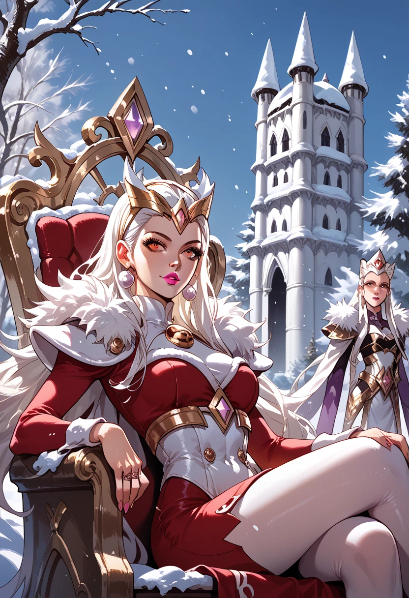 red clothes, white clothes, pink lipstick, white hair, banshee style, amber eyes, woman, snow, sitting on throne, anime style, focus on character