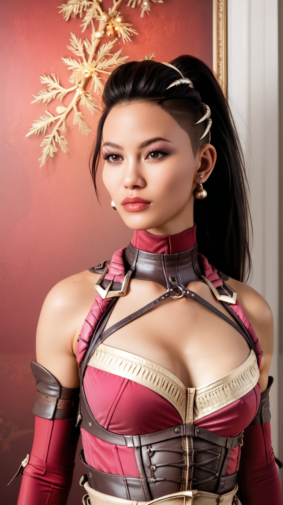 (CG unity 4k extremely detailed),(masterpiece),(ultra quality),(ultra detailed),(best shadow),(absurd),(detailed background) Mileena, Human Form, Human, 1 girl, solo, long hair, earrings, black hair, ponytail, ponytail with front hump, shaved sides with ponytail, jewelry, lips, closed mouth, xmasdr3ss, tights, gloves, dress, cleavage, elbow gloves, collar, white tights, fur trim, bell, christmas, corset, red gloves, santa costume, santa dress serious, focused, realistic, brown eyes, bare shoulders, average breasts, average breasts, upper body body, looking at the observer, facing the observer