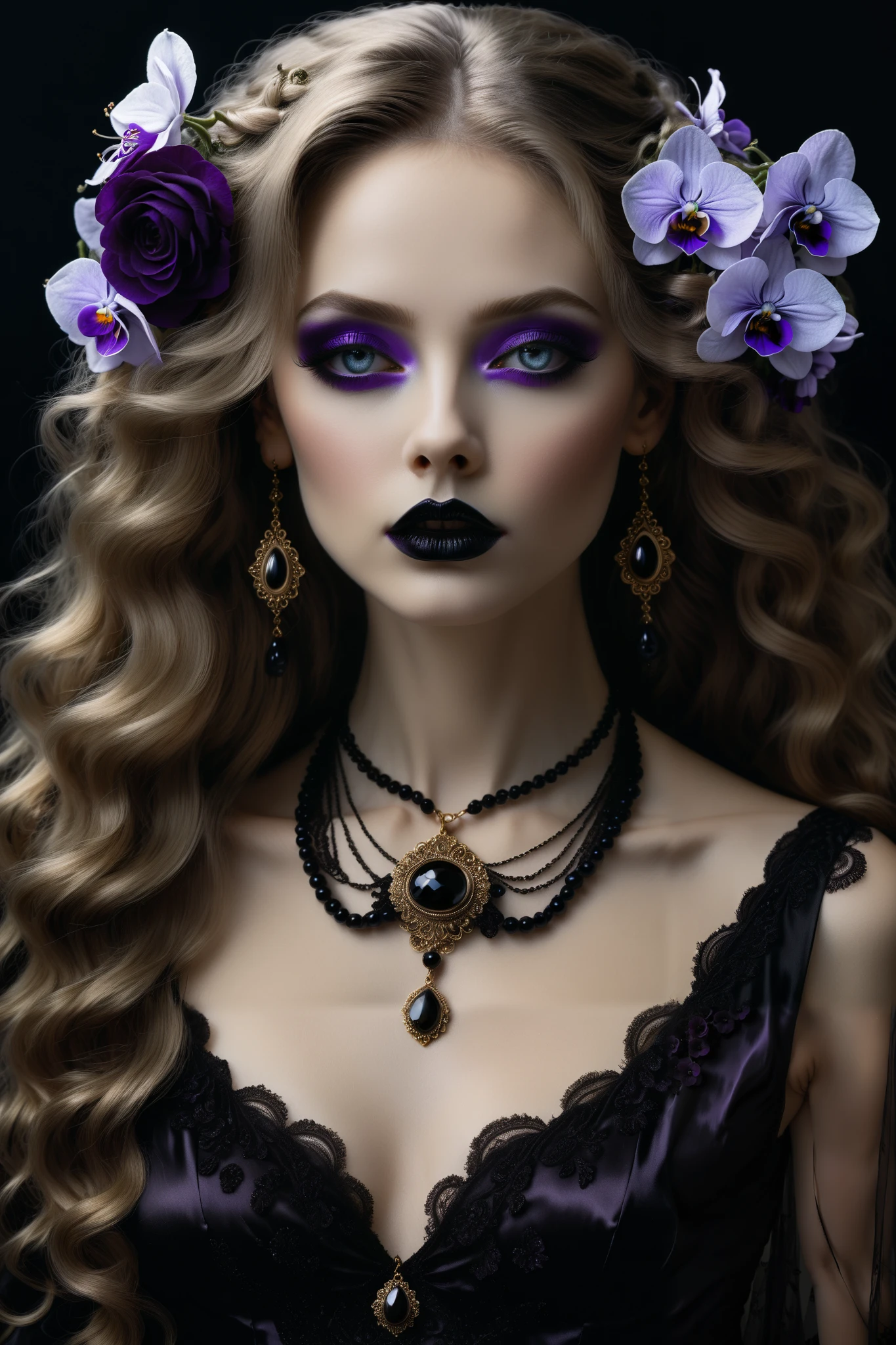 (  Absurdly , High quality , ultra detailed ) ,( hand detailed ) , 1girl, solo, mature, very long hair, flowers violets hair , beautiful crystal eyes, ( eye detailed )black eyeshadow,black lipstick, false eyelashes, Baroque, Necklace locket, long dress, gothic influences, long sleeve, elegant, black,silk and satin,dark colors, highest detailed, upper body ,with the river and violets, deadly nightshade, dark side art, luxurious, wealth, social aristocracies.